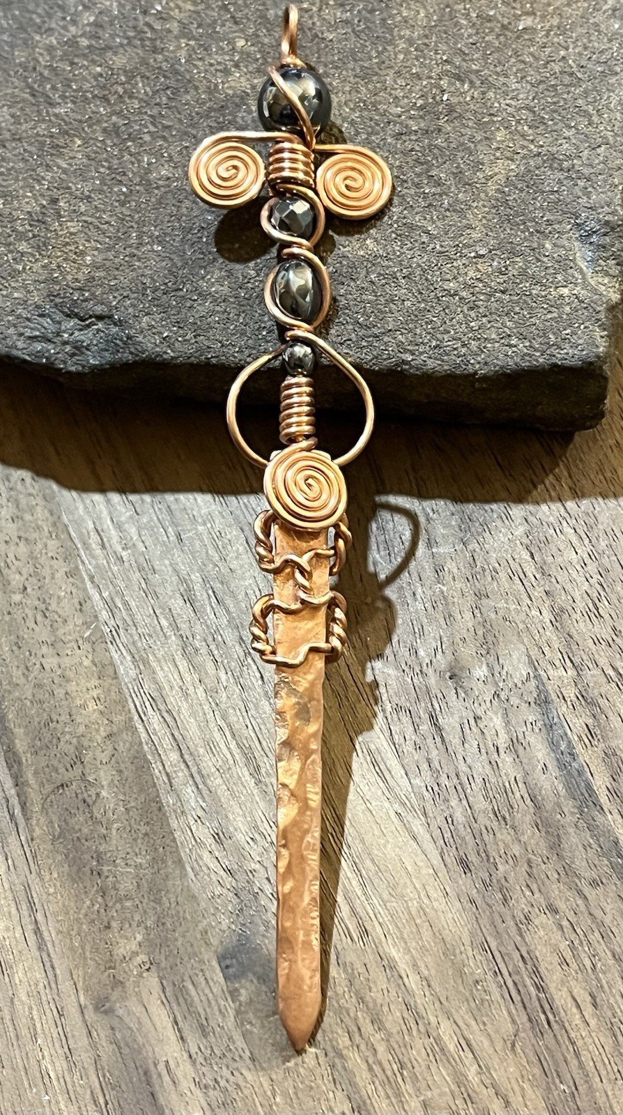 Artisan Copper Wire Wrapped Sword Pendant with Hematite Beads