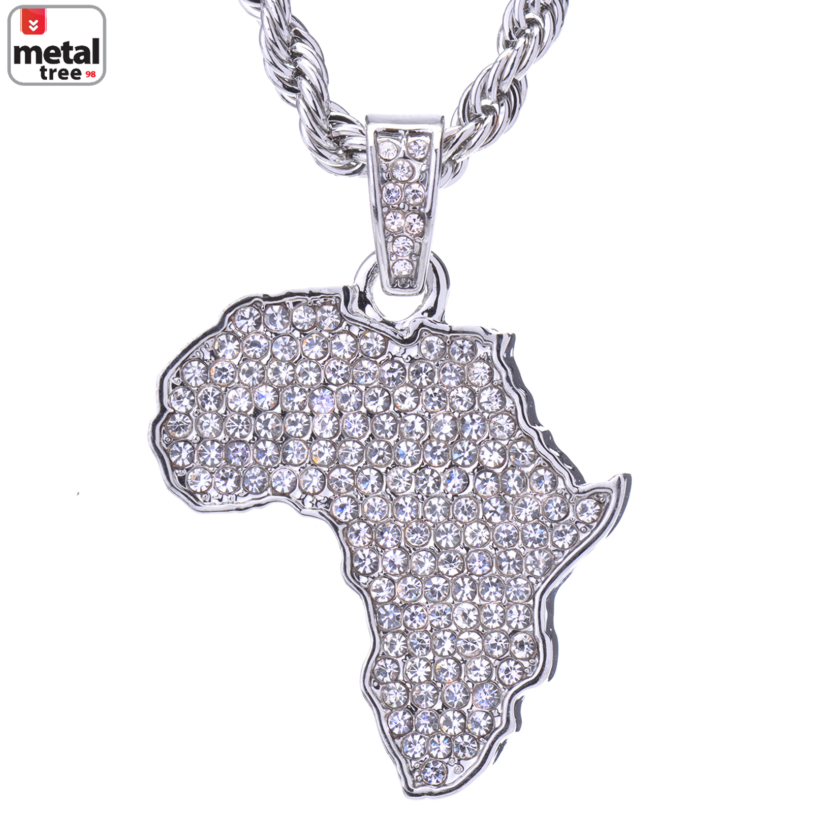 Men’s Hip Hop Silver Plated Iced African Map Pendant 24″ Chain Set HC 1126 S