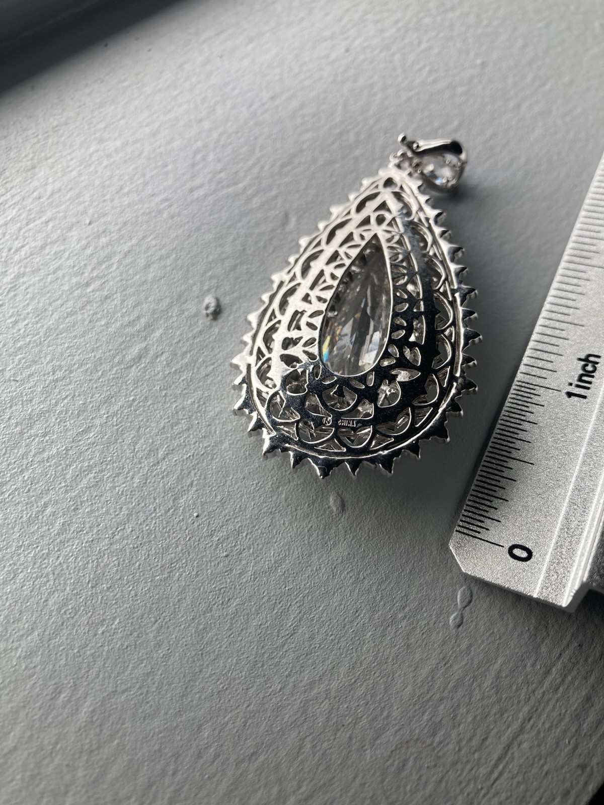 Big, Ornate Wedding Cocktail Party Teardrop Silver Pendant. Gem. Clip Bale.