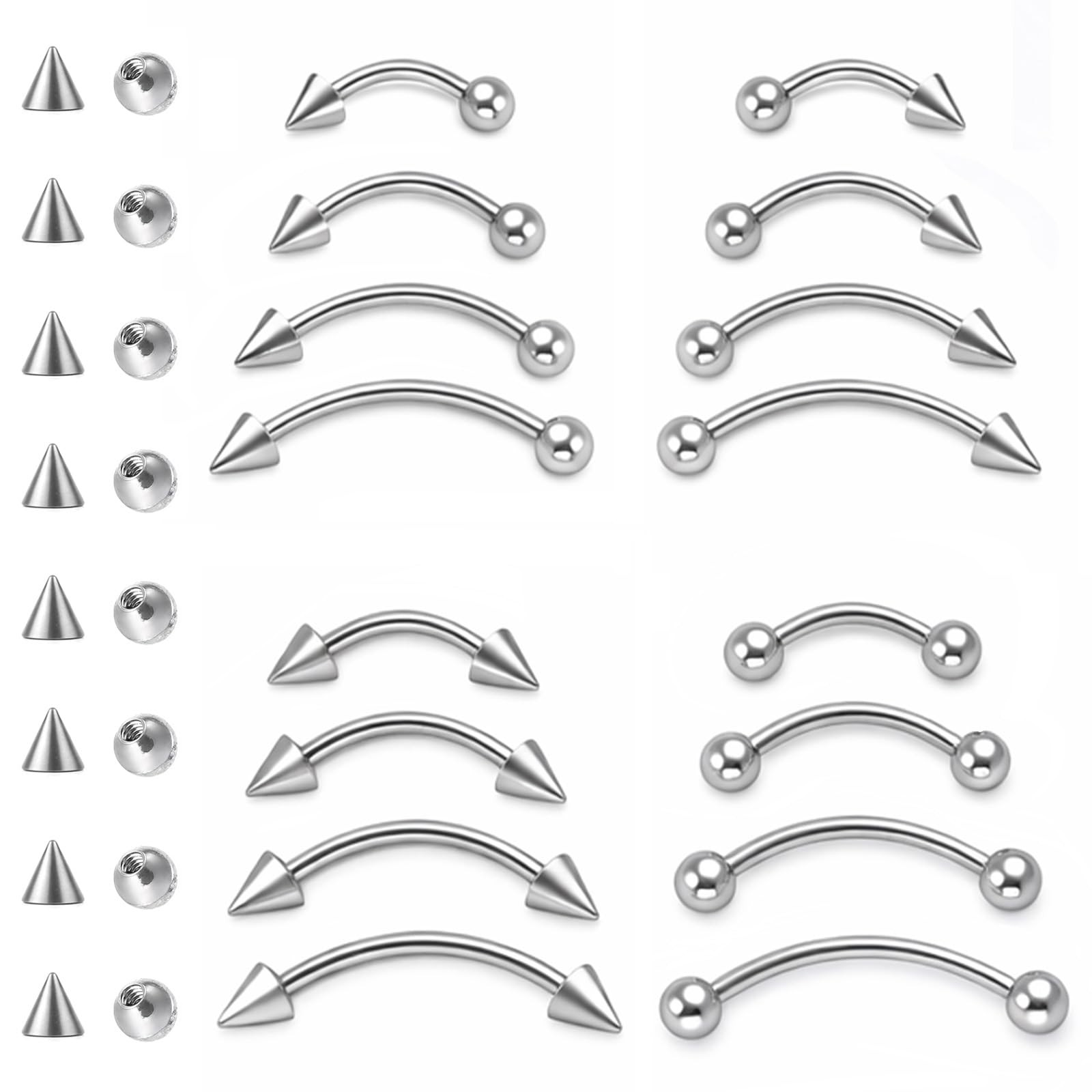 HaiFafafaing 16 Pcs Eyebrow Piercing 6mm, 8mm, 10mm, 12mm, Steel Color
