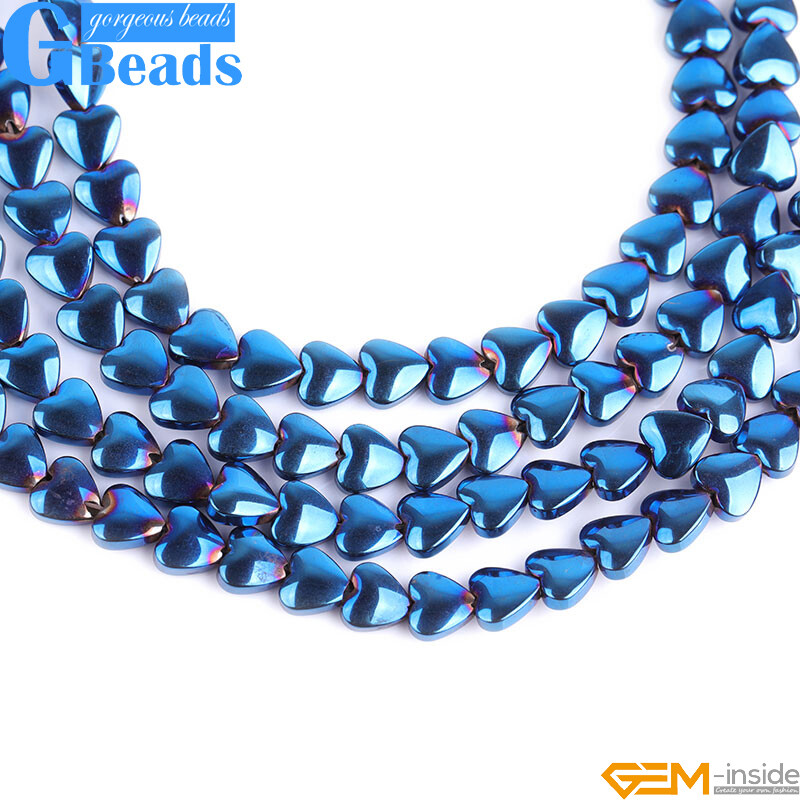 Hematite Blue Metallic Coated Reflections Flat Heart Beads For Jewelry Making