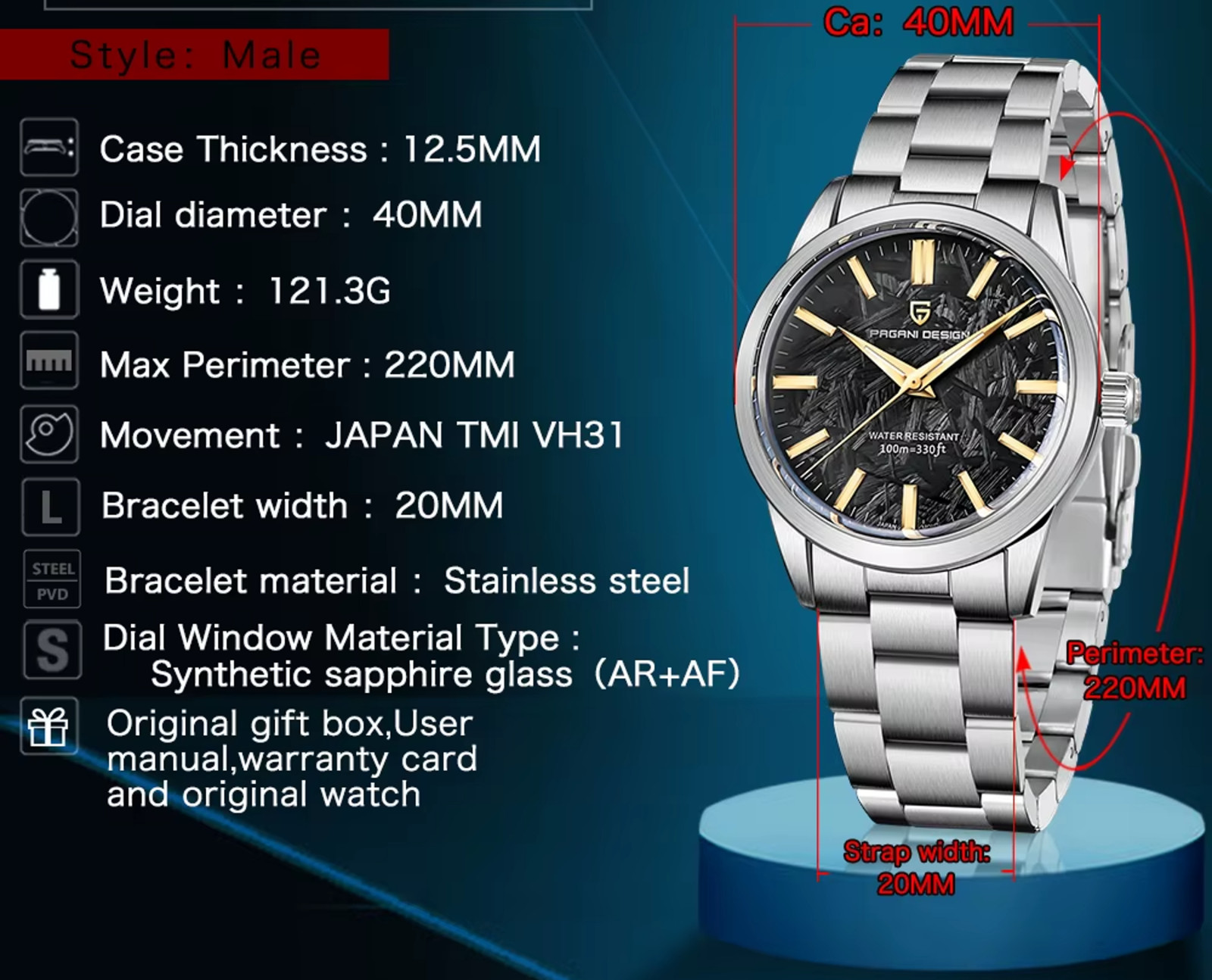 Pagani Design 1734 40mm Luxurious Dress Meteorite Dial Sapphire 10ATM Seiko VH31