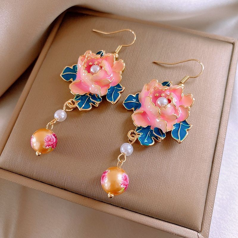 New Chinese Enamel Painted Flower Pearl Tassel Earrings