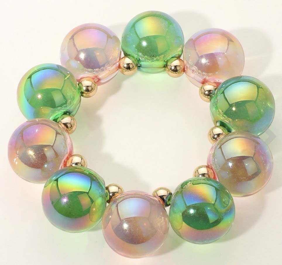 Iridescent Acrylic Beaded Stretch Bracelet Round Beads Multicolor