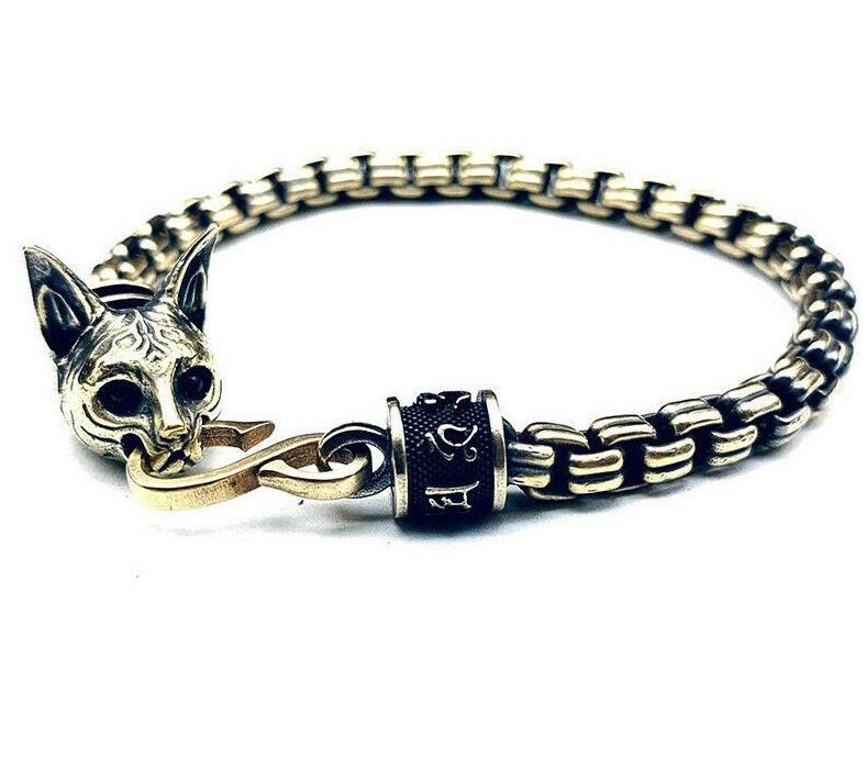 Bastet w/ Garnet Eyes Brass Ancient Egyptian Cat Deity Golden Chain Bracelet