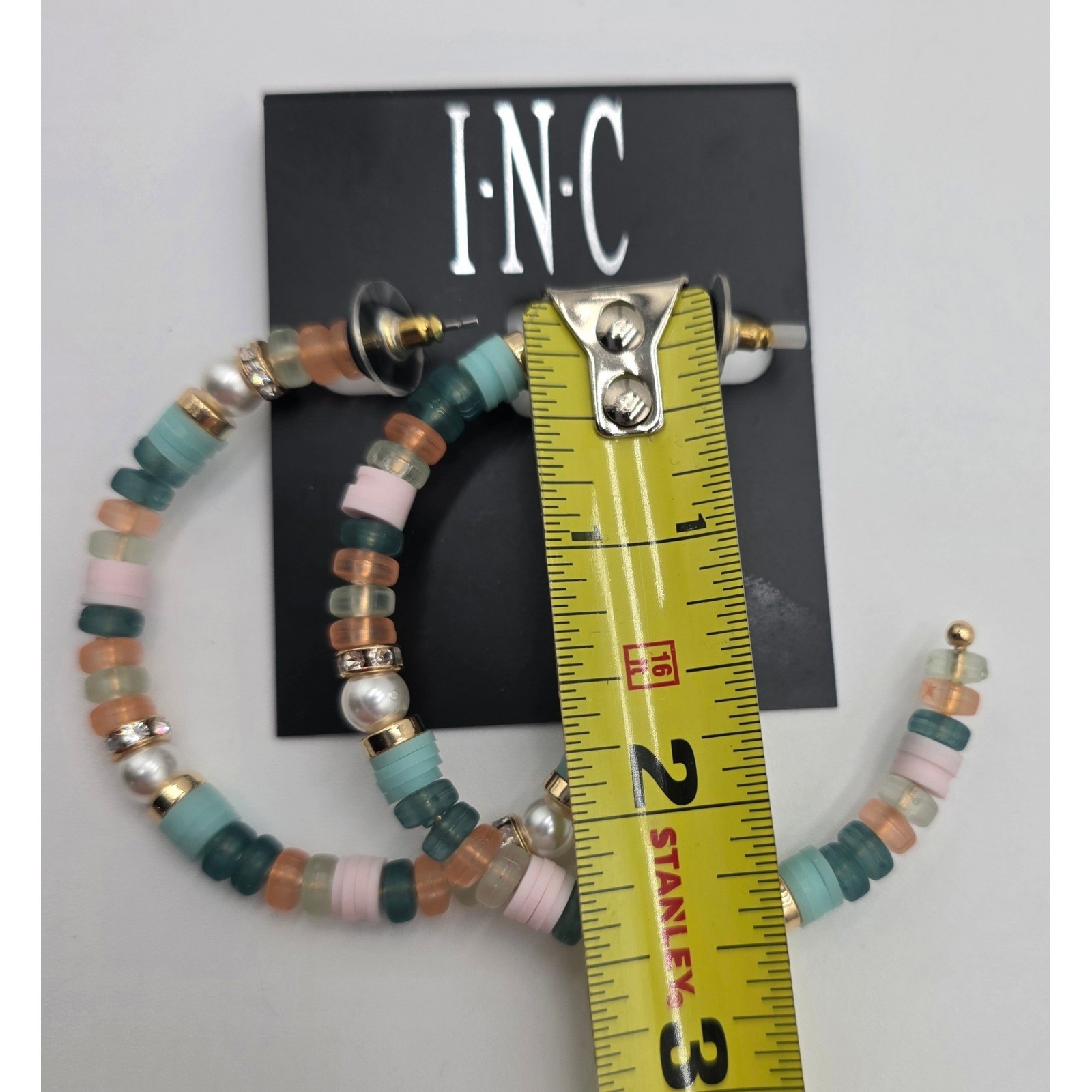 INC International Concepts Multi Color Beaded Hoop Earrings Gold Tone Rhinestone