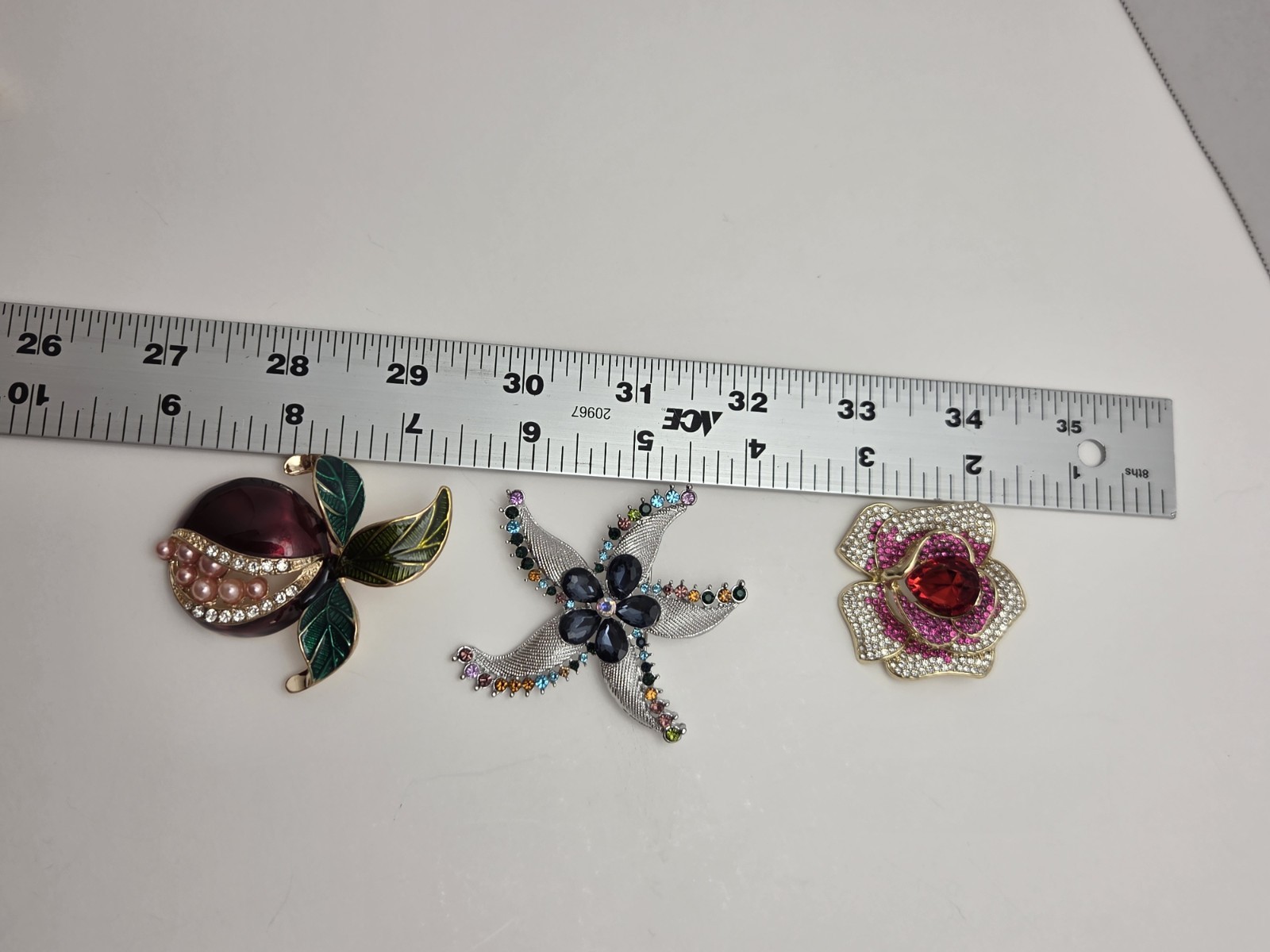 Jewel Tone Brooch & Pendant Set – Purple Fruit, Blue Starfish, Red Rose Trio