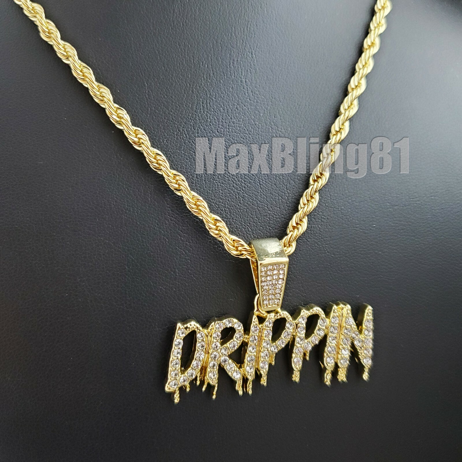 Iced Gold Plated DRIPPIN Letters CZ Pendant 4mm 24″ Rope Chain Hip Hop Necklace