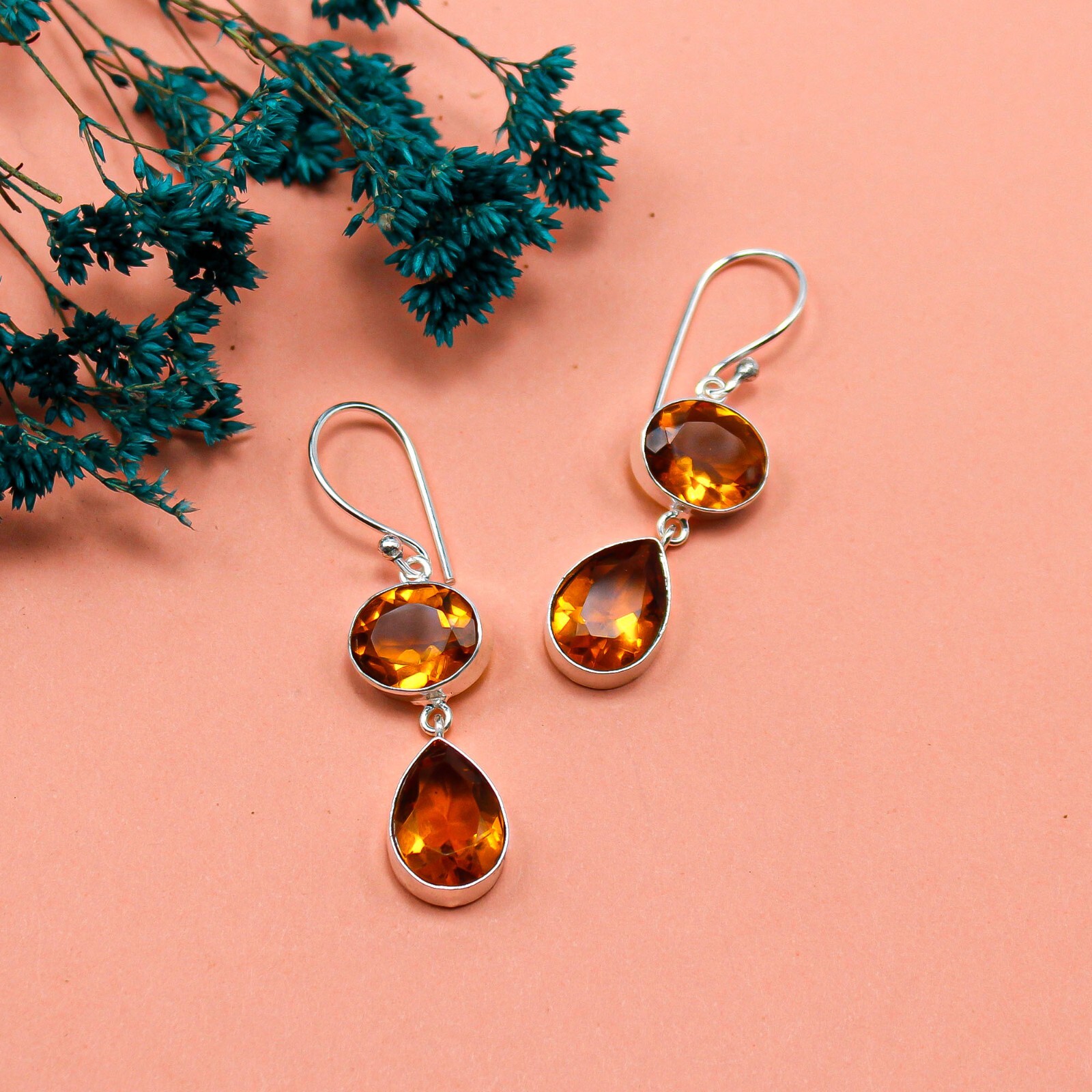 Citrine Gemstone 925 Sterling Silver Jewelry Handmade Boho Earrings For Women 2″