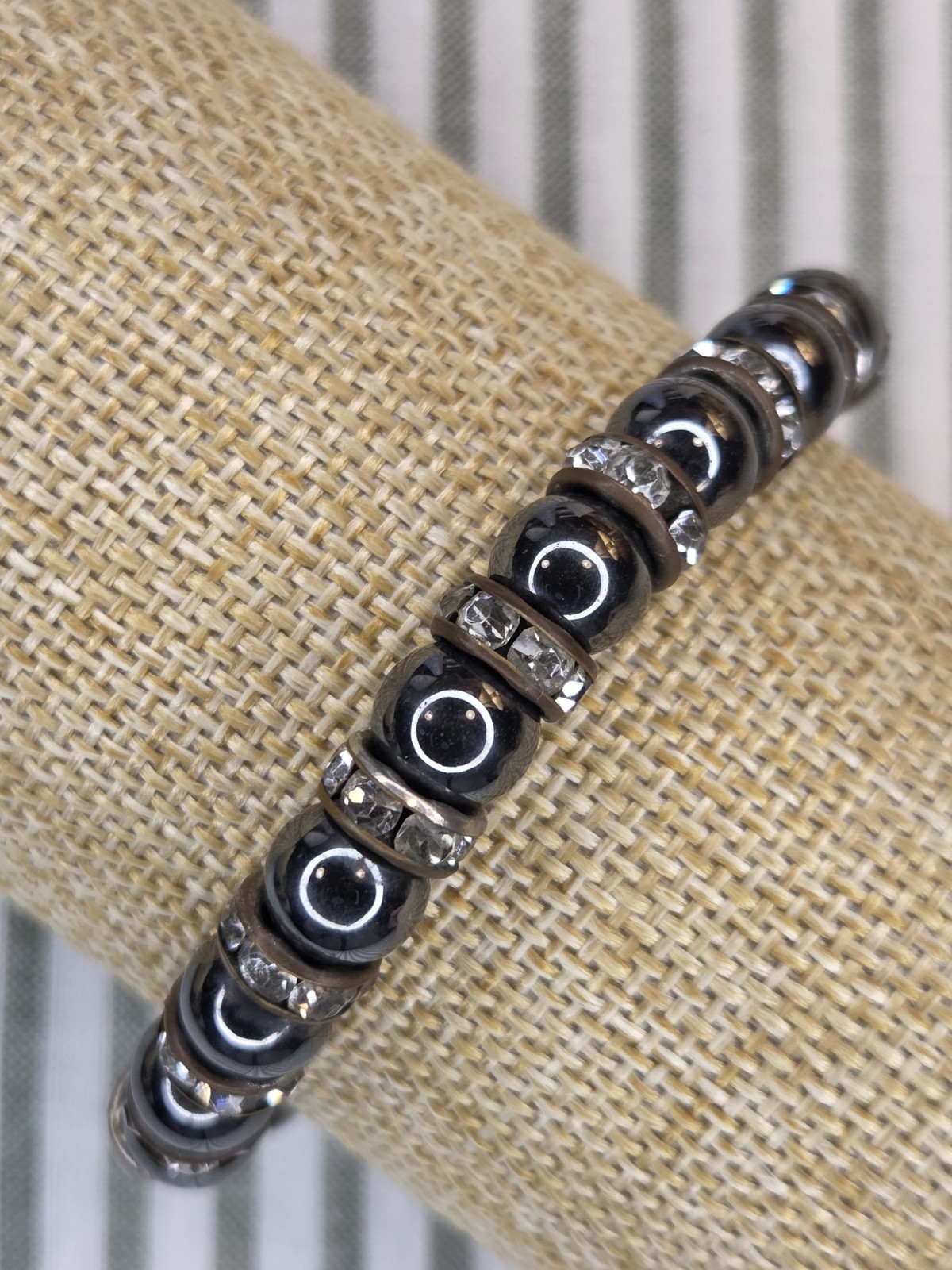 Silver Tone Black Bead Stretch Bracelet w/ Crystal Spacers, No Clasp