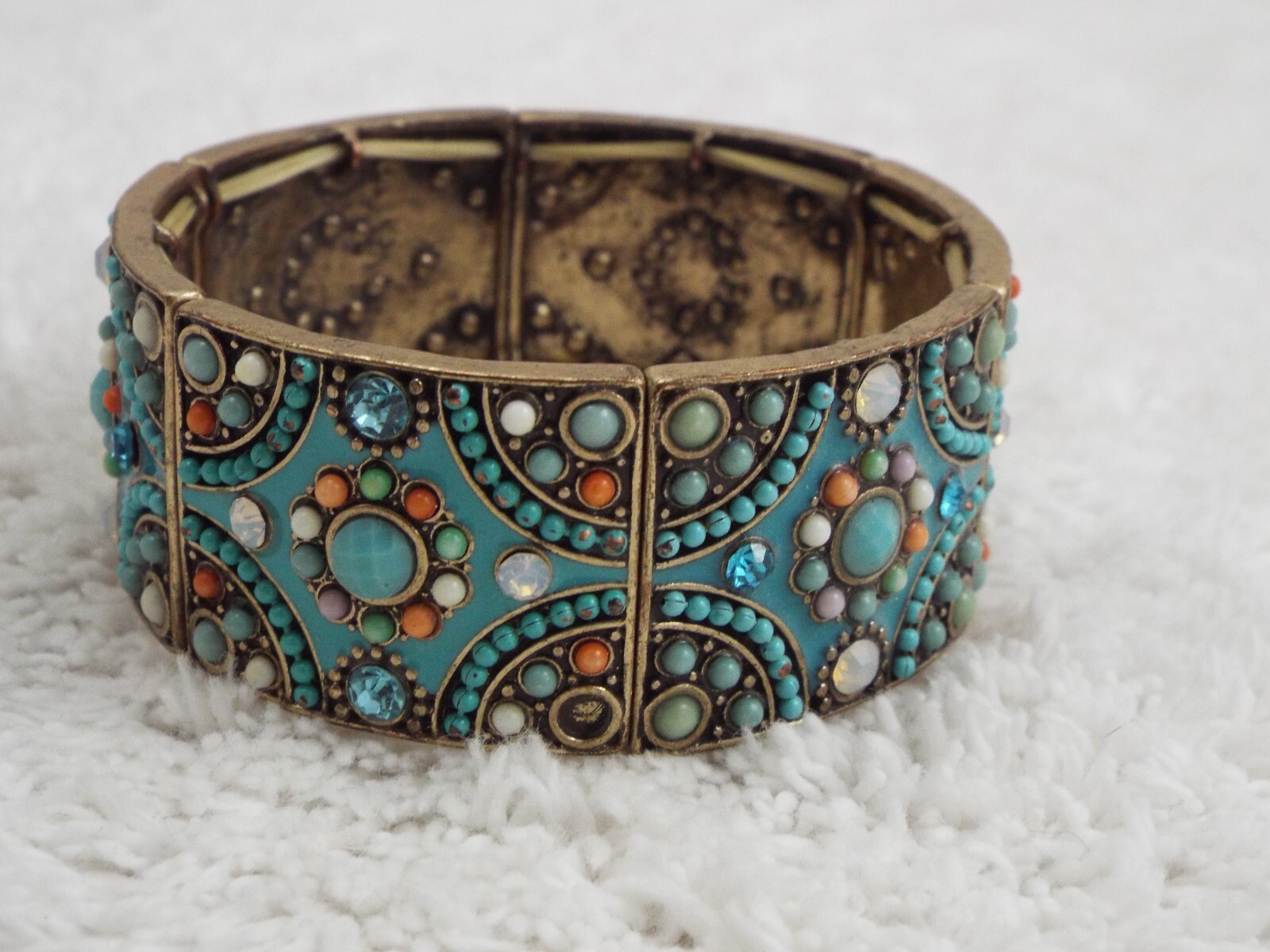 Brasstone Beaded Rhinestone Blue Stretch Bracelet (A50)