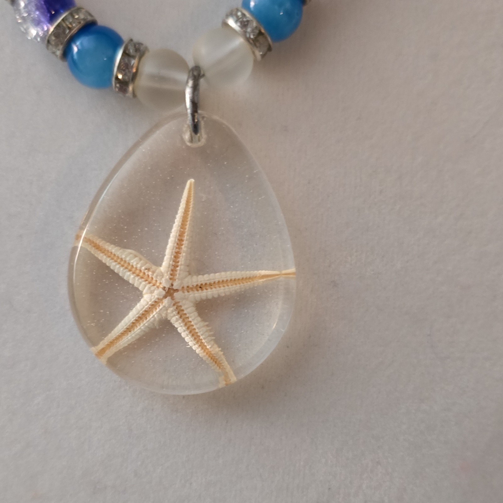 Handcrafted Resin Starfish Pendant Necklace, Glass Beads, Blue Purple White