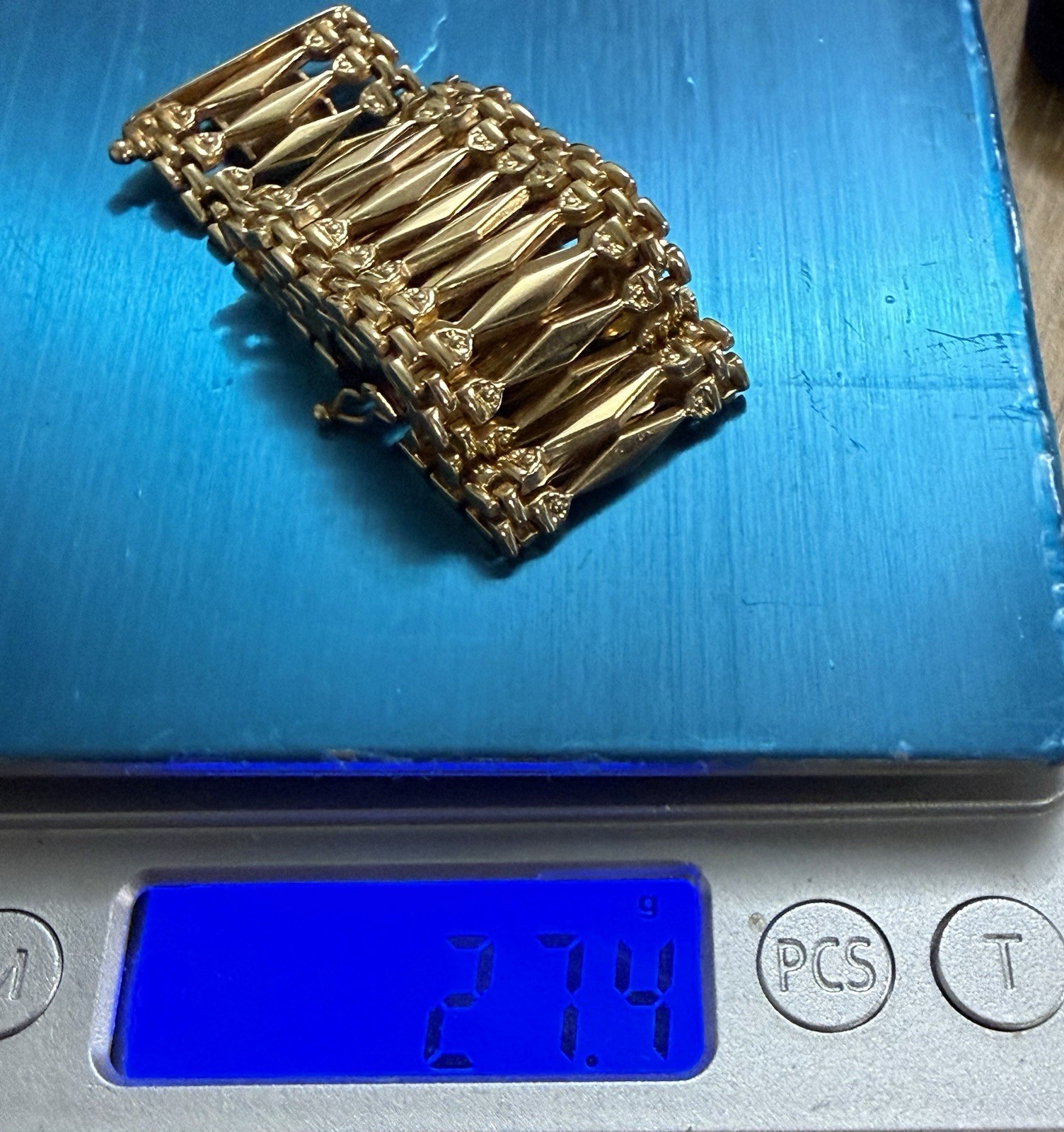 14K Yellow Gold Italian Wide Link Bracelet Box Clasp Signed 27.4g