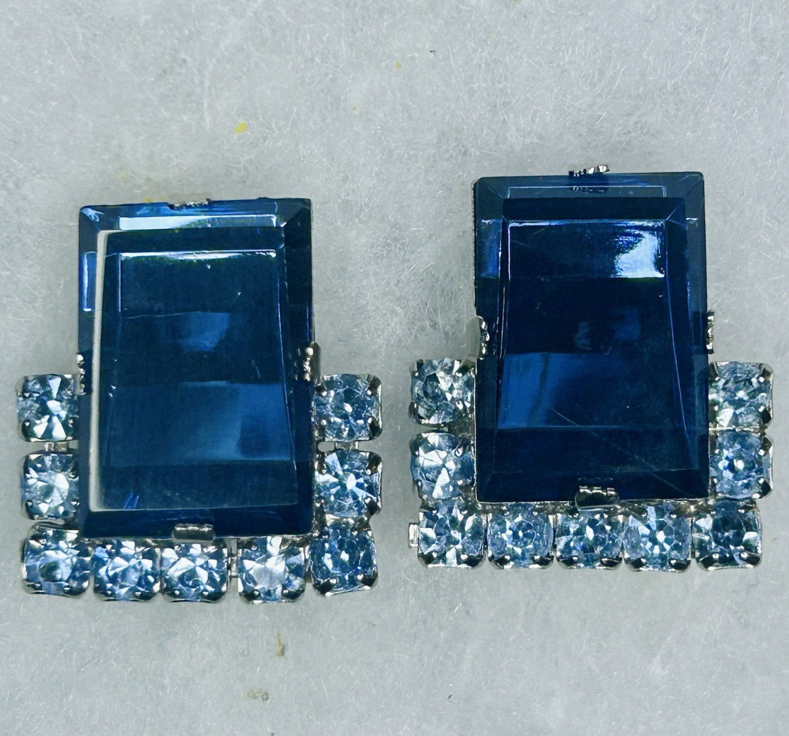 Vintage Art Deco Revival Blue Rhinestone Clip-On Earrings (c. 1950–1955)