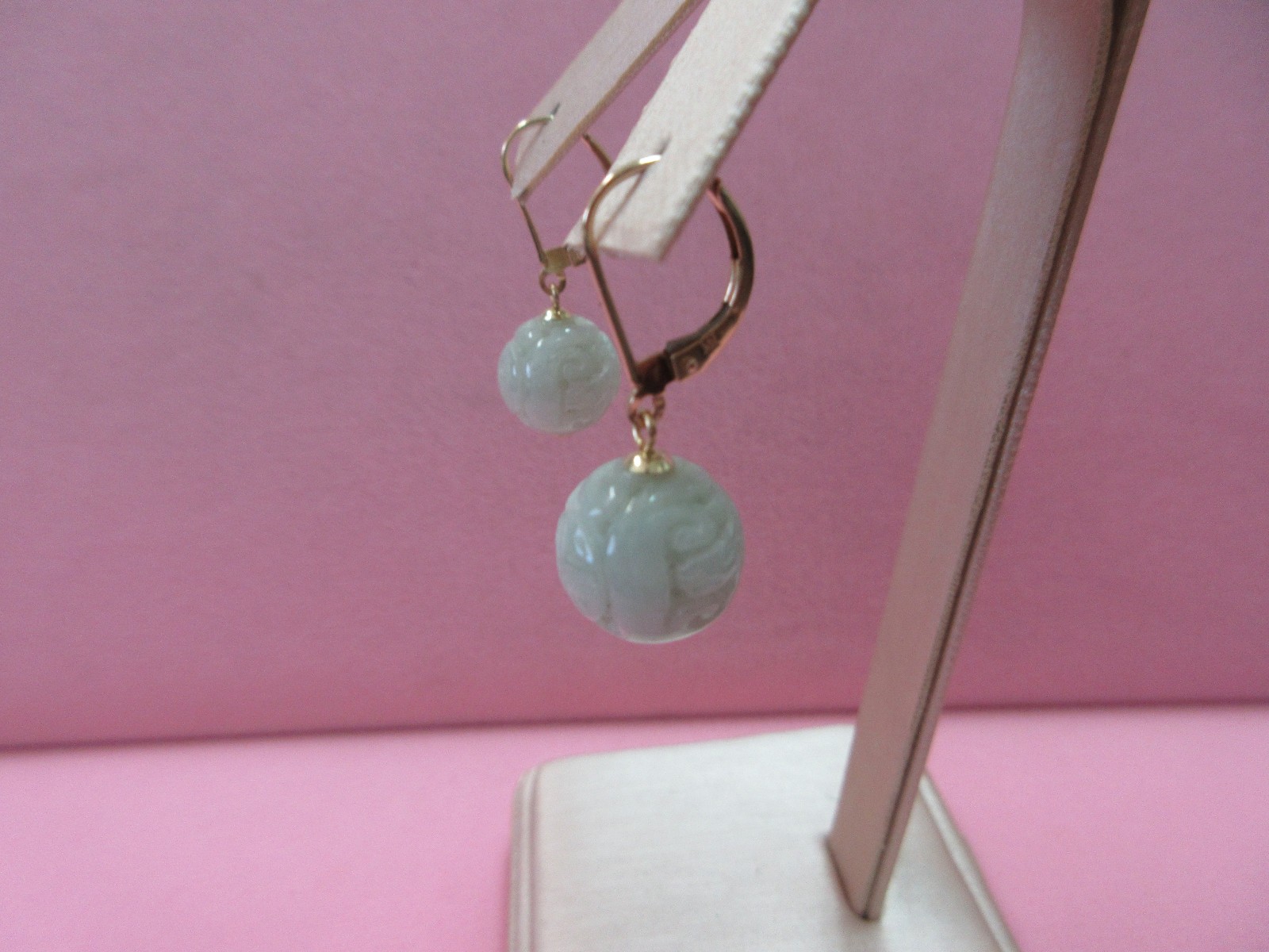 14k Solid Y. Gold Lever back Carved 11.7mm Jade Longevity Dangle Earrings 6.16 G