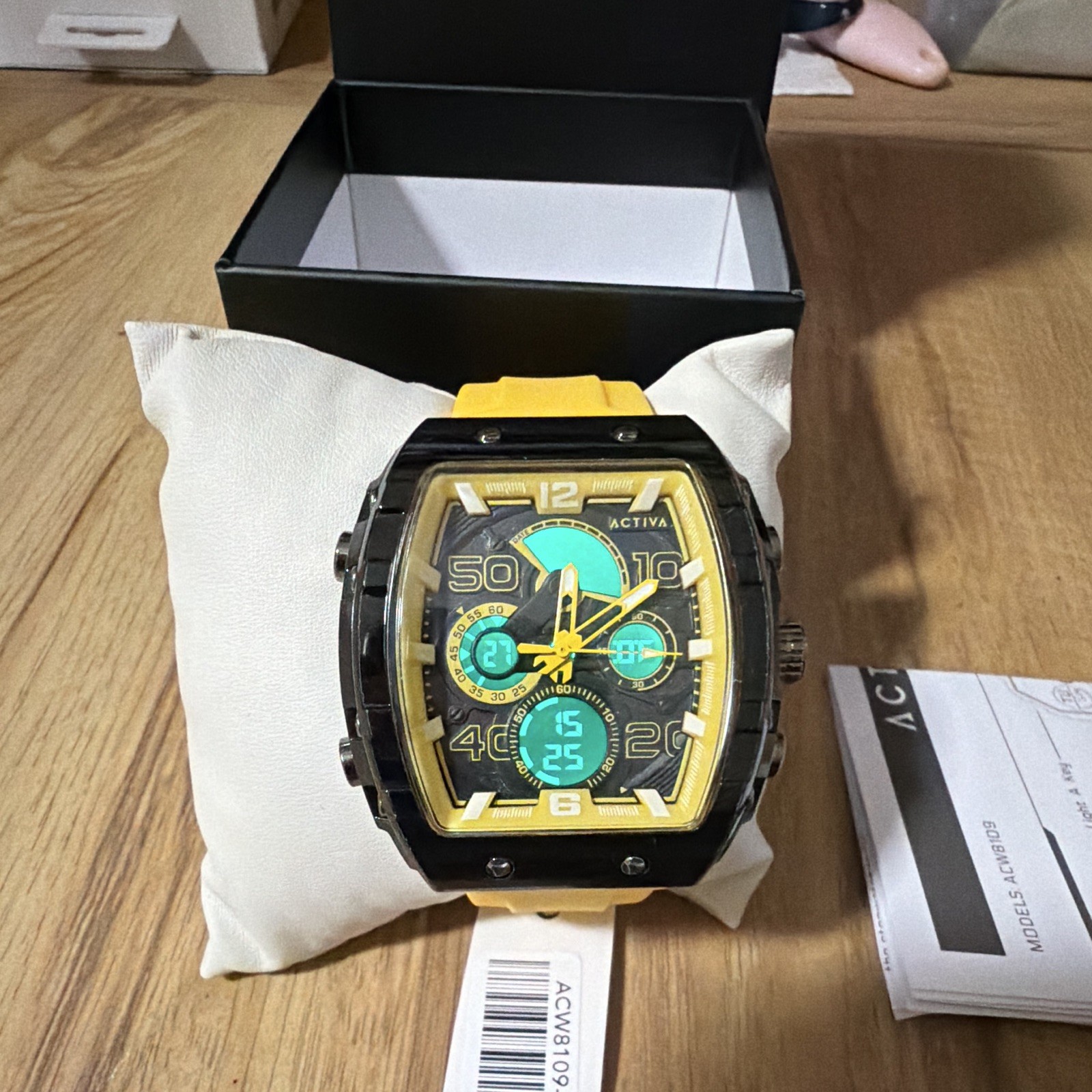Activa Quartz Tonneau Multi-Dial Watch Yellow Rubber Strap 44-47.9mm 50m