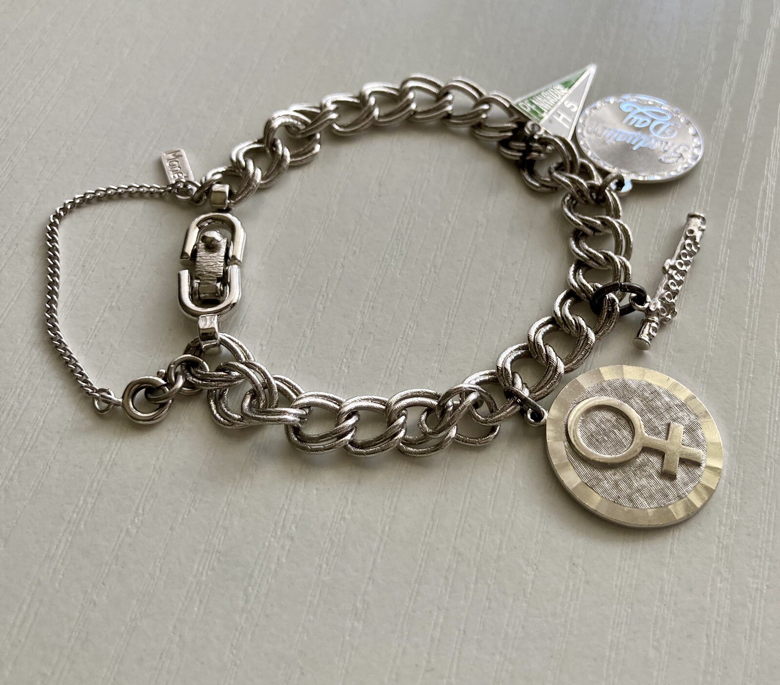 Vintage MONET Silver Tone Charm Bracelet With Charms 7” Safety Chain 8mm 20.73g