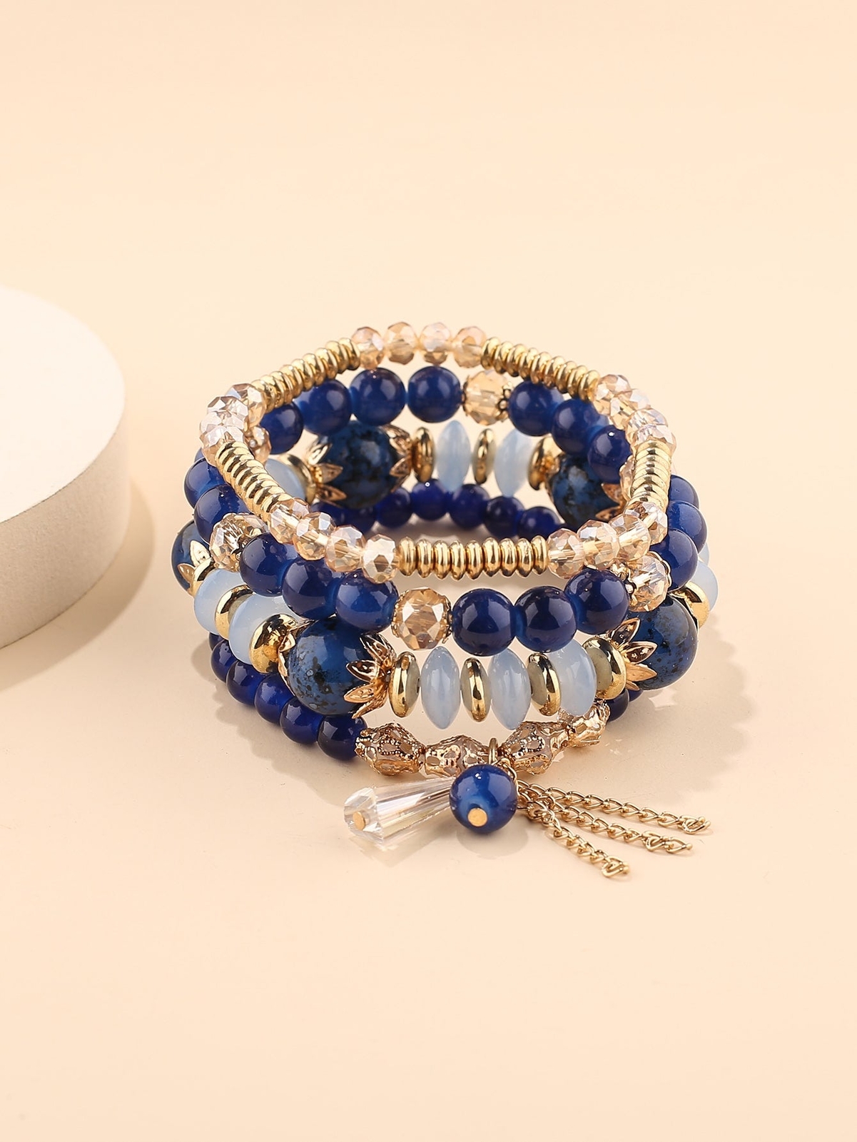 4pcs/Set Blue and Dold-tone Tassel Chain Charm Beaded Bracelet Jewelry Gift For