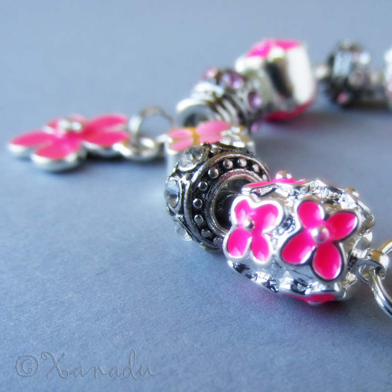 Pink Flower Garden European Charm Bracelet With Pink And Fuchsia Floral Beads