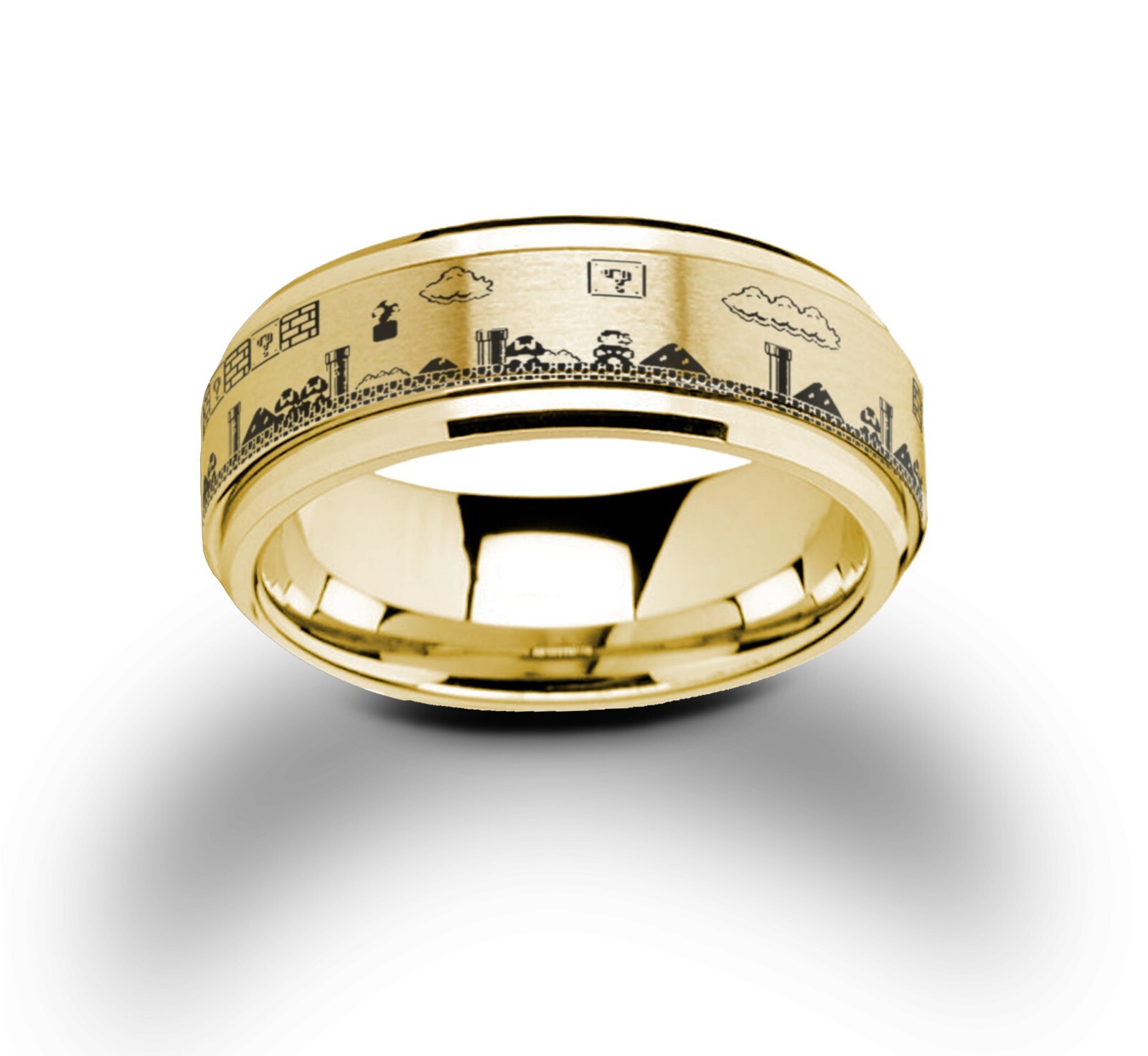 Mario Bros Video Game Spinner Ring, Tungsten Carbide Wedding Ring 8mm