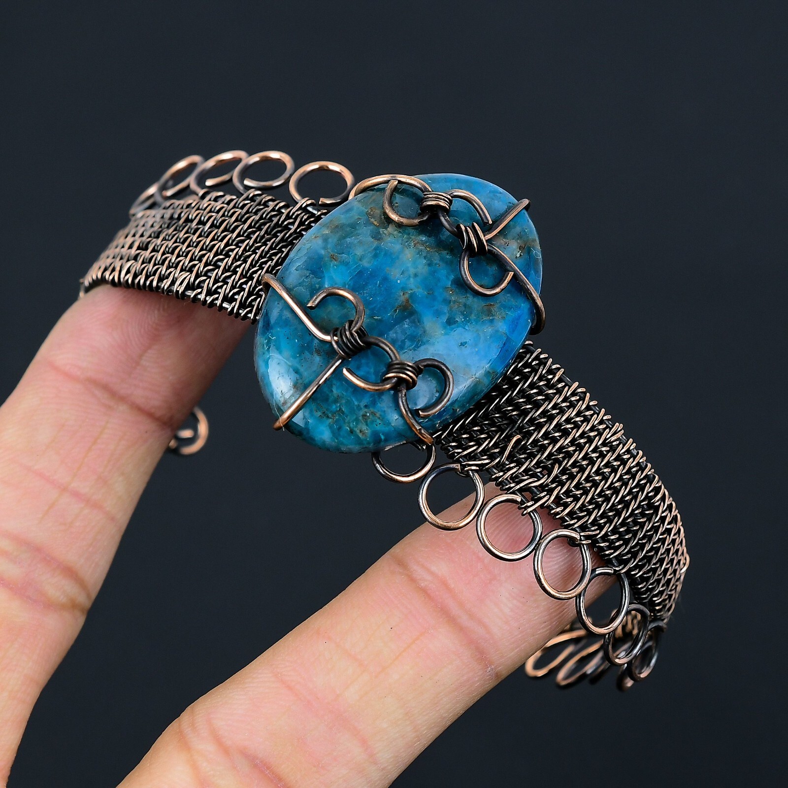 Neon Blue Apatite Gemstone Handmade Copper Wire Adjustable Bangle Jewelry