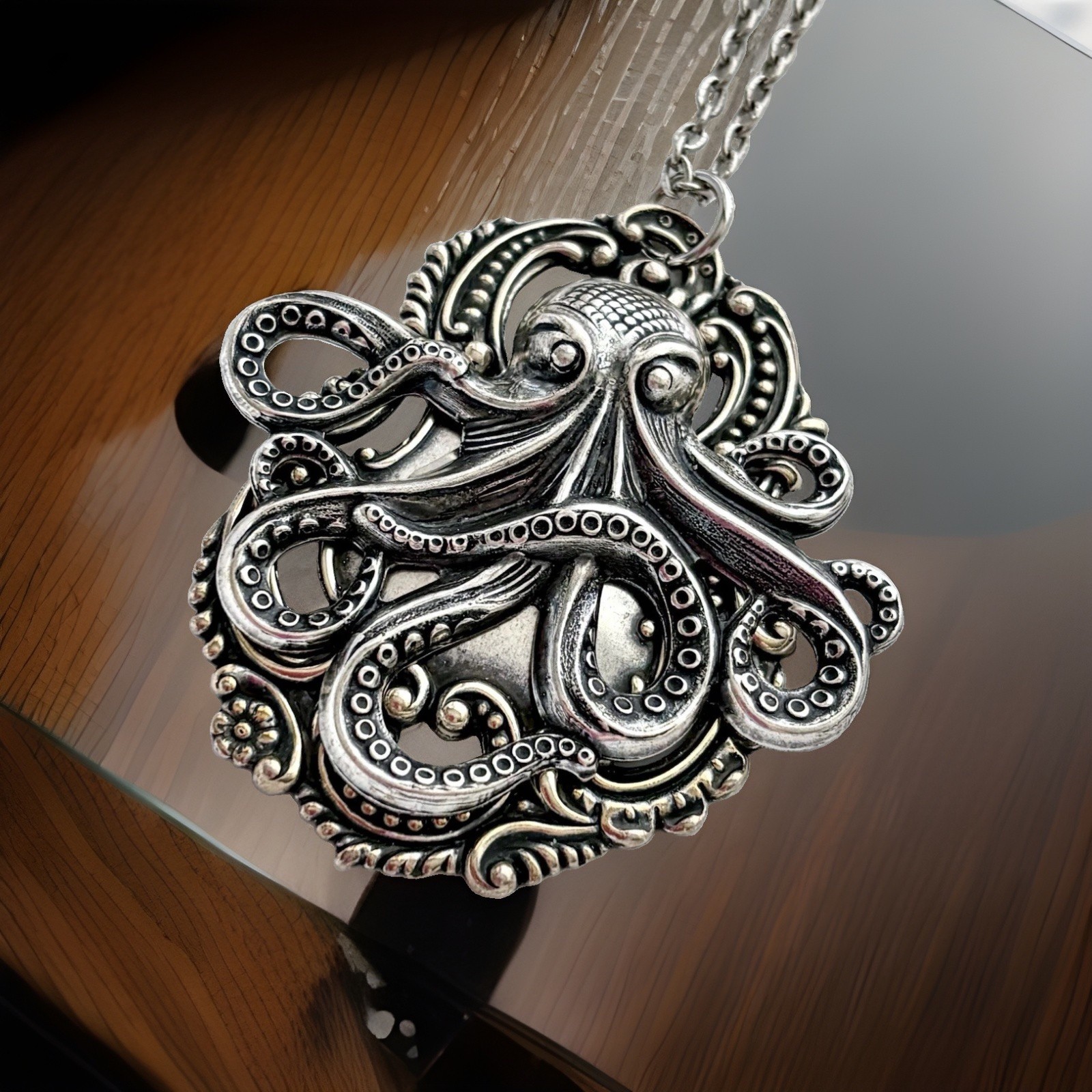 X-Lrg Octopus Kraken Necklace, Sterling Silver plated, Gothic Pirate Pendant