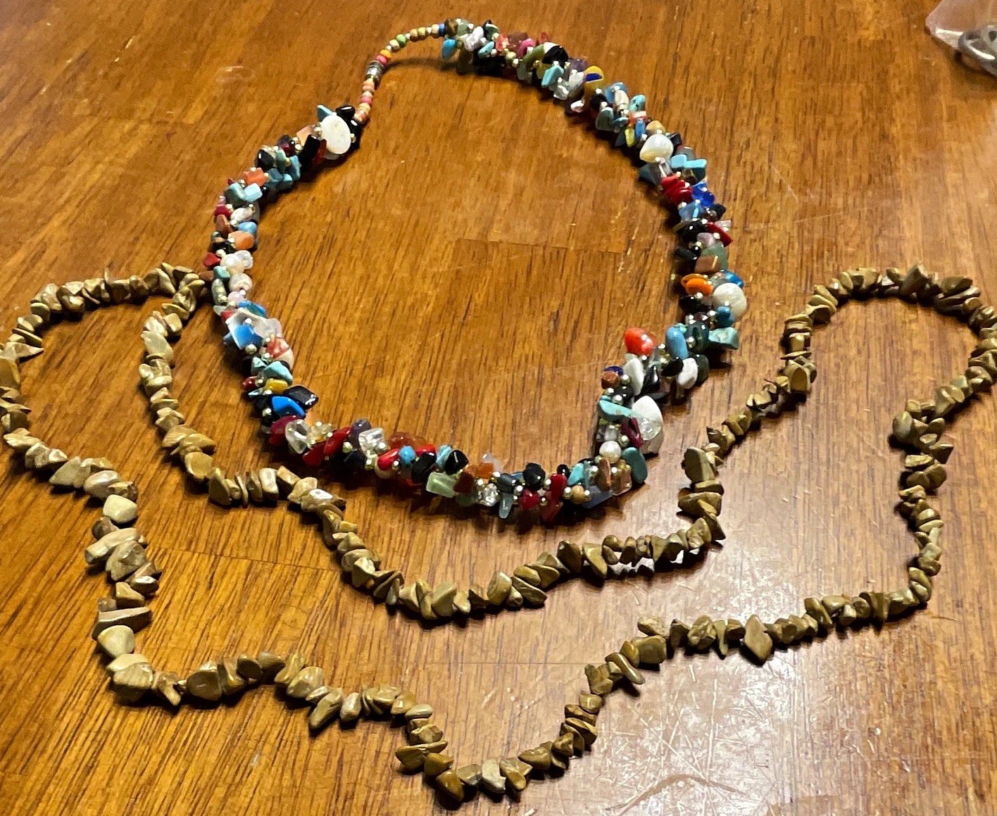 Lot of 2 Multicolor Chip Bead Strand Necklaces Stone & Glass Beads Semi Precious