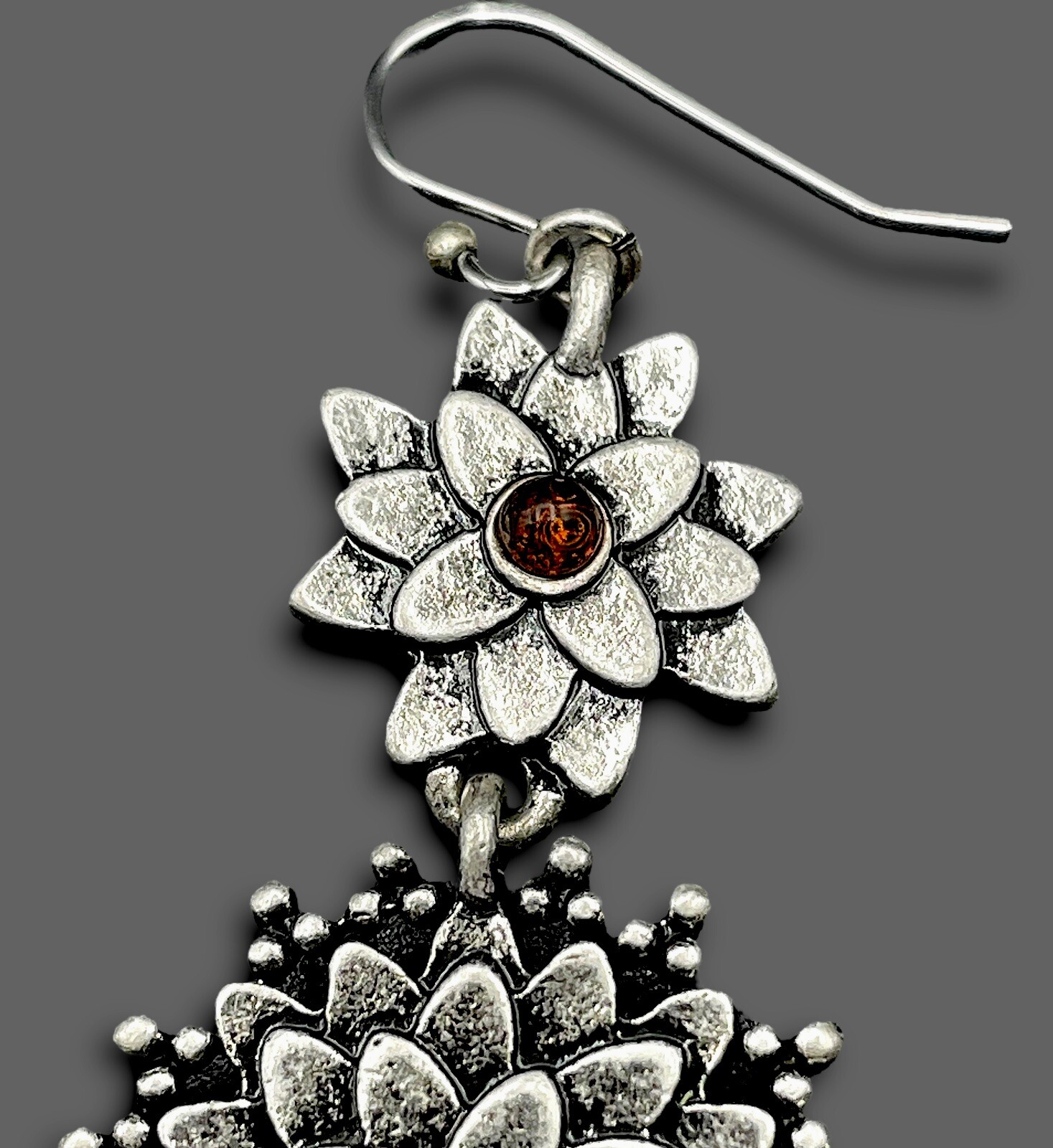Double LOTUS DANGLE EARRINGS Boho Silver Tone Faux Turquoise Amber EUC🔥!SALE!🔥
