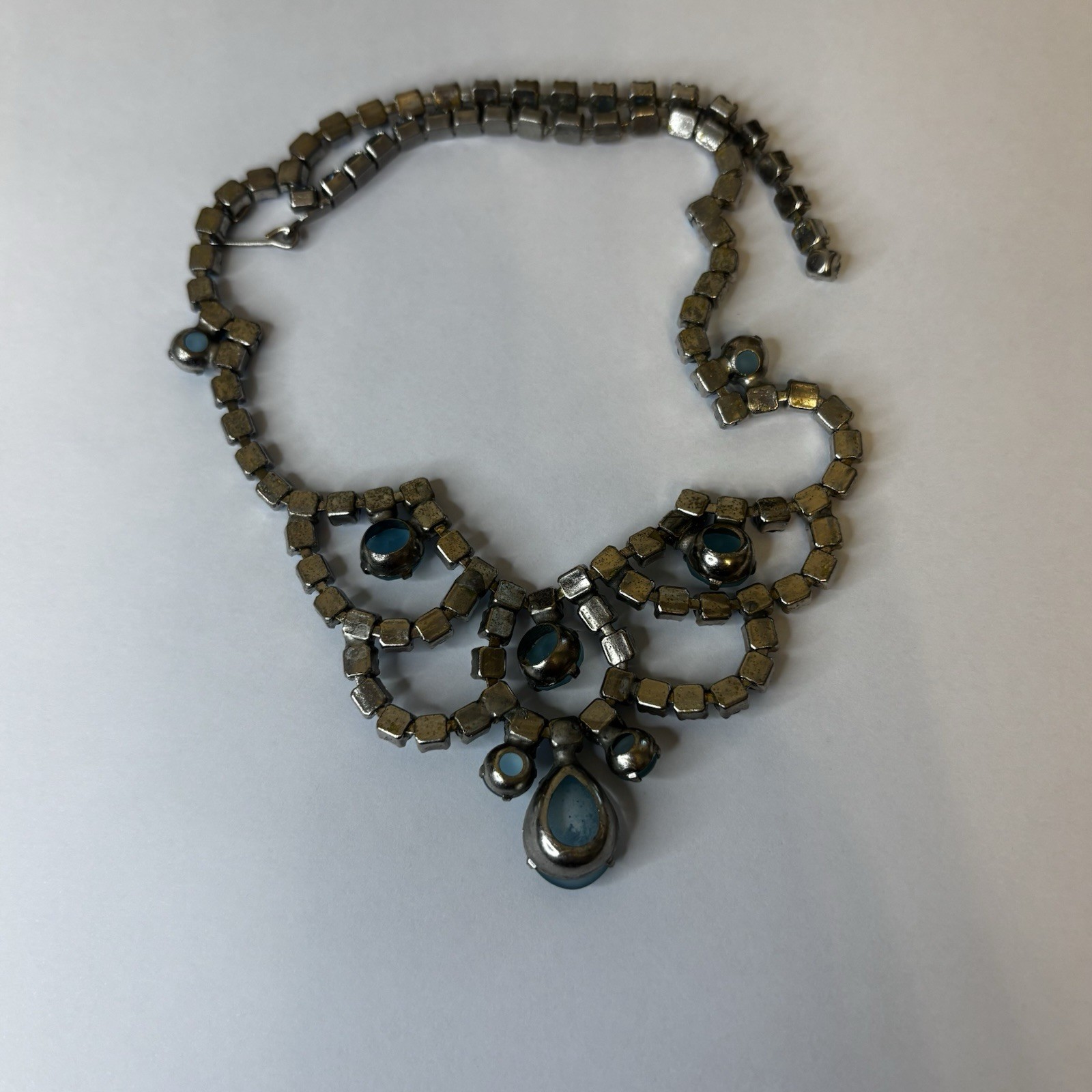 Vintage Blue AB Rhinestone Statement Necklace Jewelry Silvertone