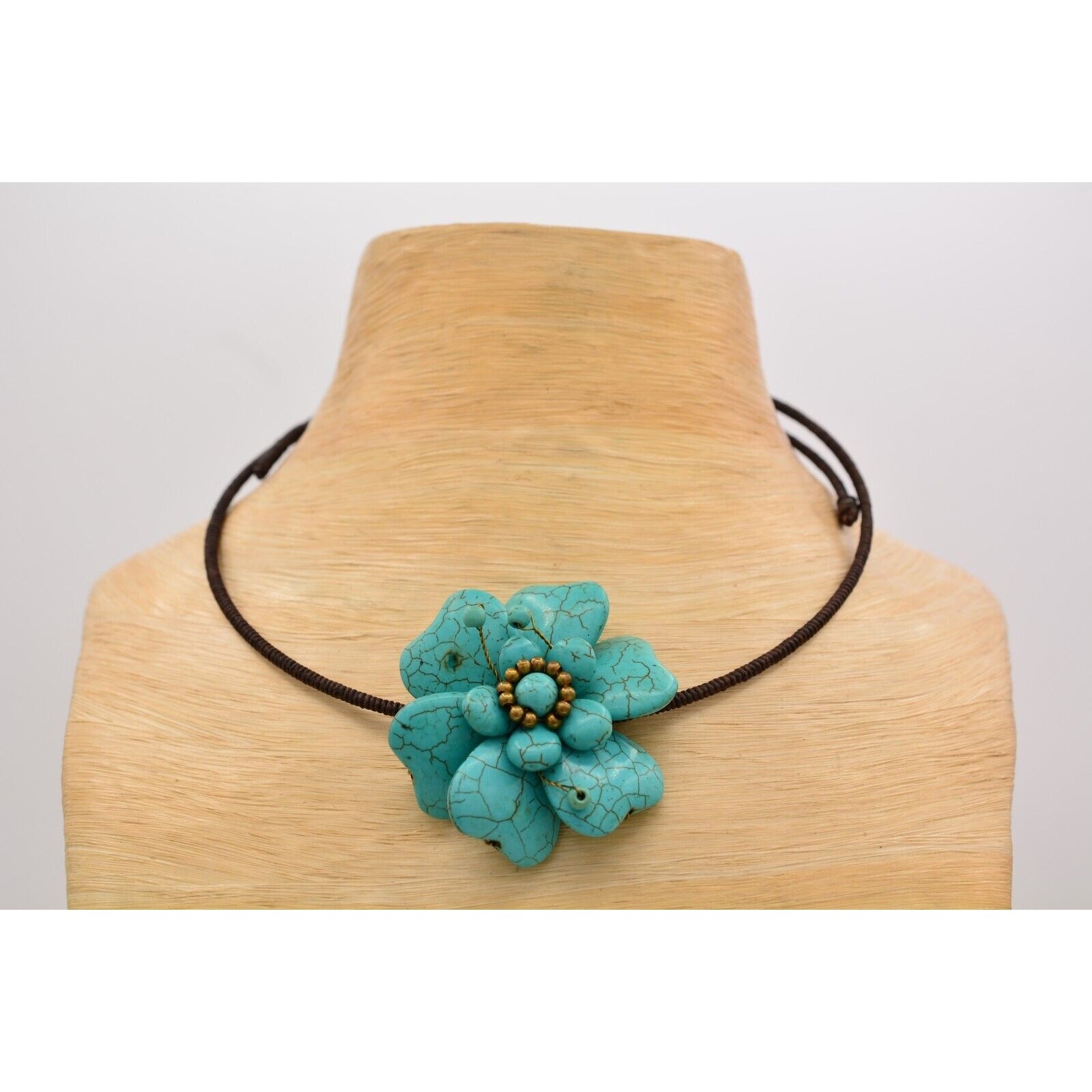 Vintage Collar Necklace Beaded Faux Turquoise Cabochon Flower Chunky 1990s Bin3A