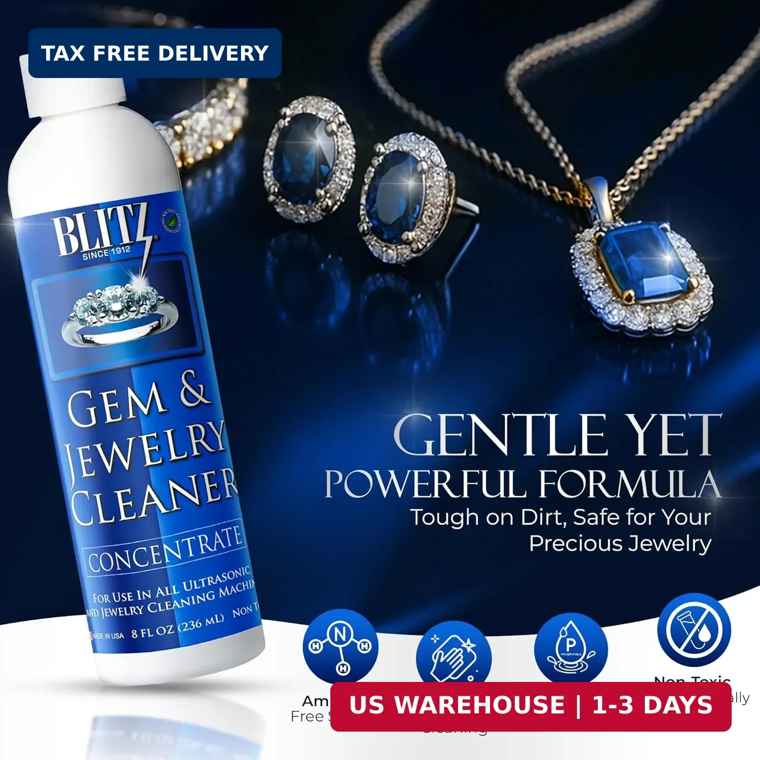 Blitz Gem & Jewelry Cleaner Liquid Concentrate for Gold, Silver, & Platinum Jewe