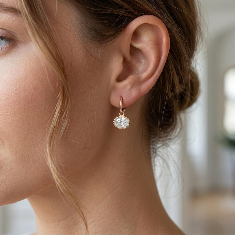 4CT Oval Cut Real Mossanite Drop & Dangle Hoop Earring 14k Yellow Gold Plated