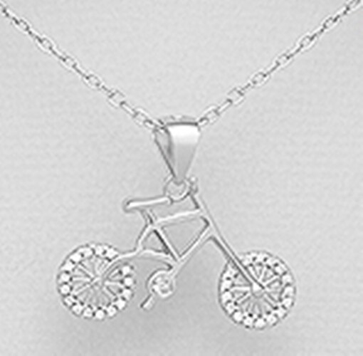 Solid Sterling Silver CZ Bicycle Bike Pendant 18″ Box Chain 2.2g