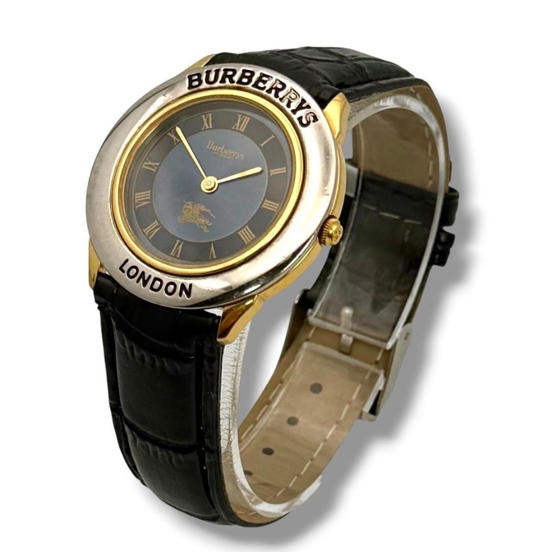 Burberry Mens Quartz Watch 3000 33mm Silver Gold Case Navy Dial Black Leather