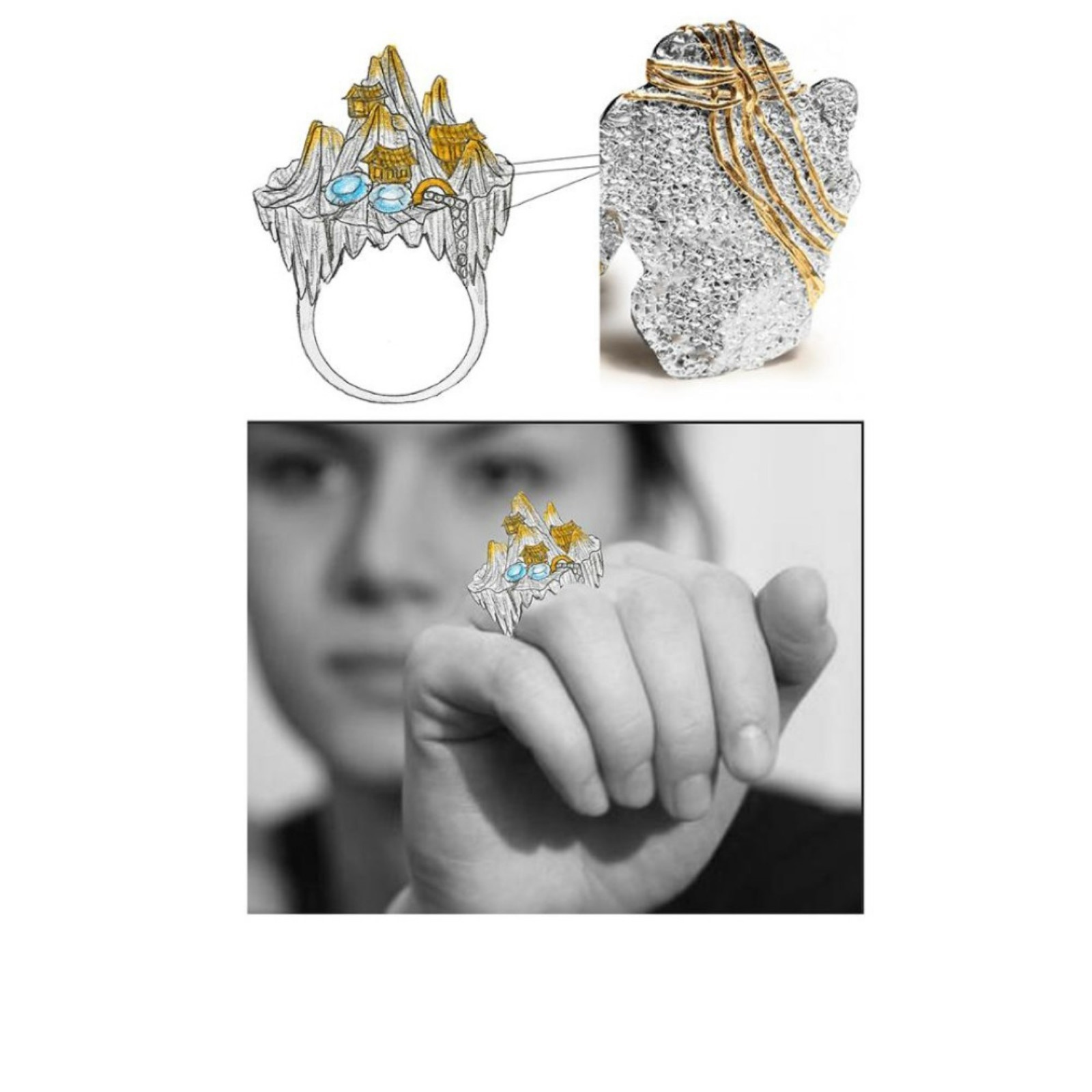 Natural Blue Topaz 0.86 CT Sterling Silver Gold Plated scenic Ring