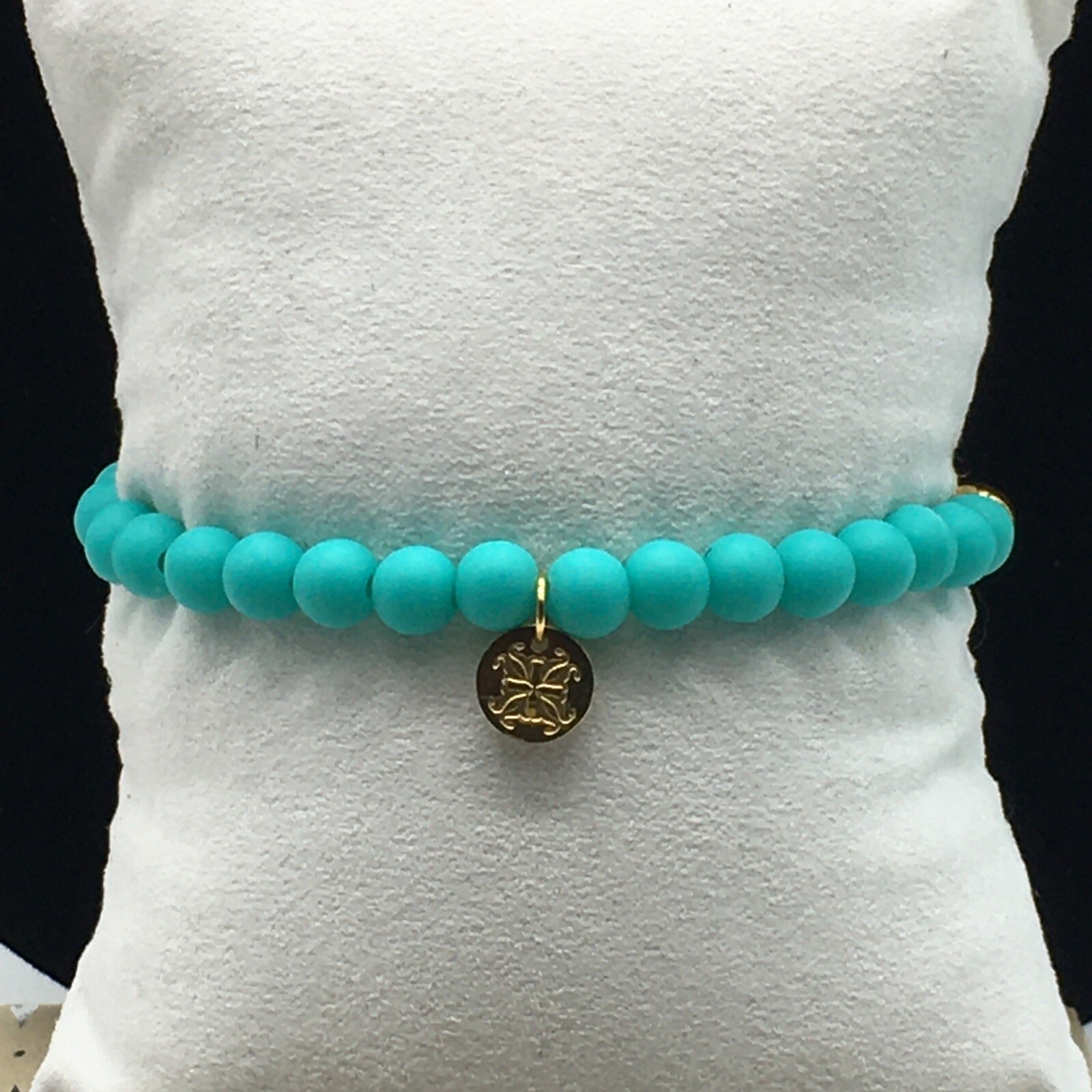 Rustic Cuff Mini Melanie Gold Tone Bracelet Teal Silicone Beaded Charm Logo