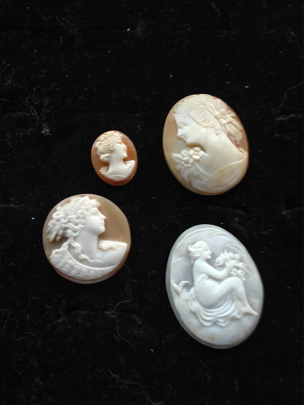 Lot of 4 Antique Shell Cameos – 2 Right‑Facing, 1 Left‑Facing, 1 Goddess