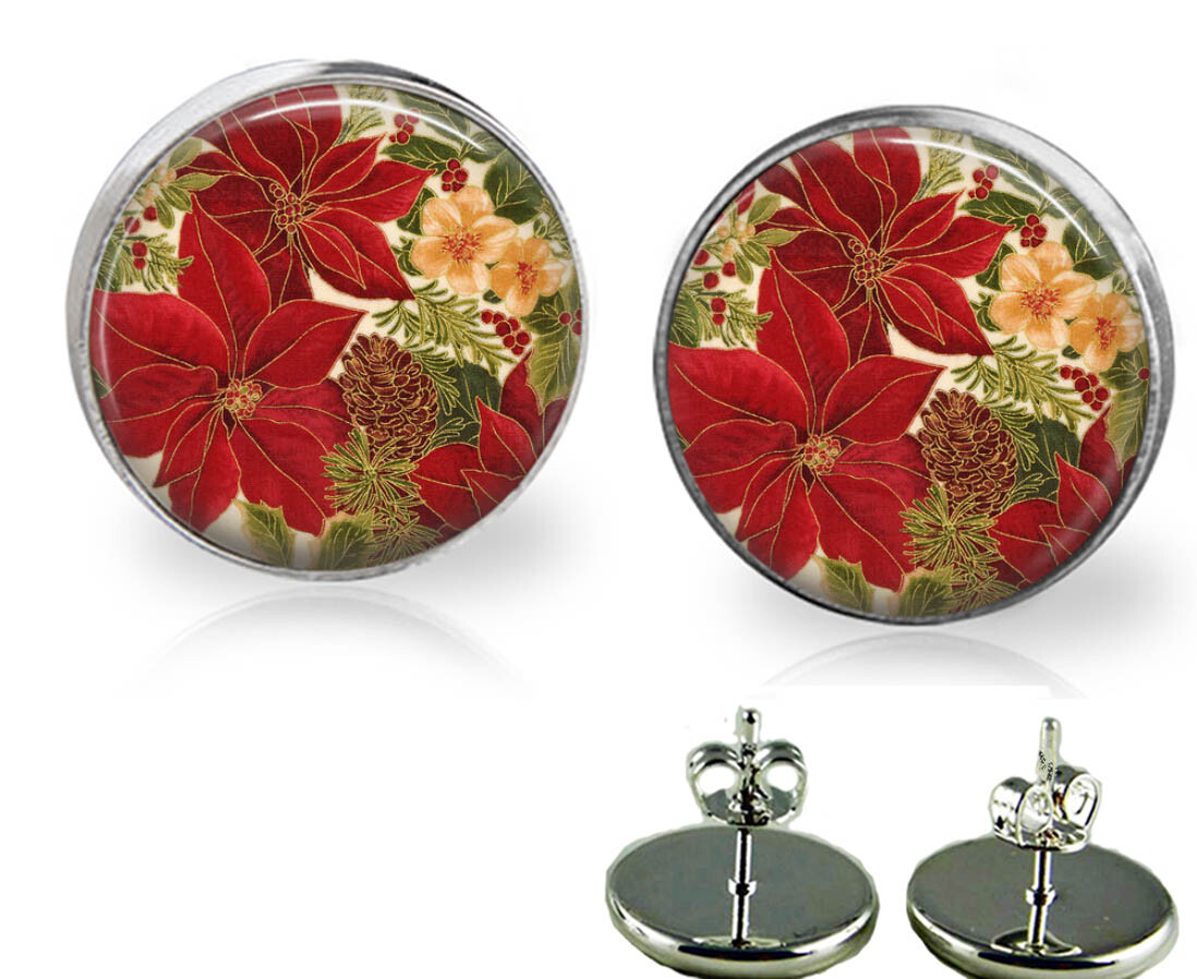 Holiday Poinsettias Glass Top Stud Earrings In 3 Sizes Handmade Photo Jewelry