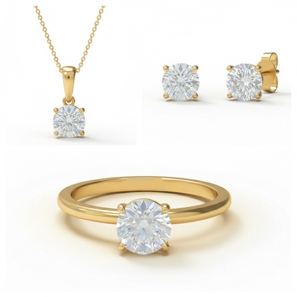 14k Yellow Gold Plated Real Moissanite solitaire Ring Pendant Earring Set
