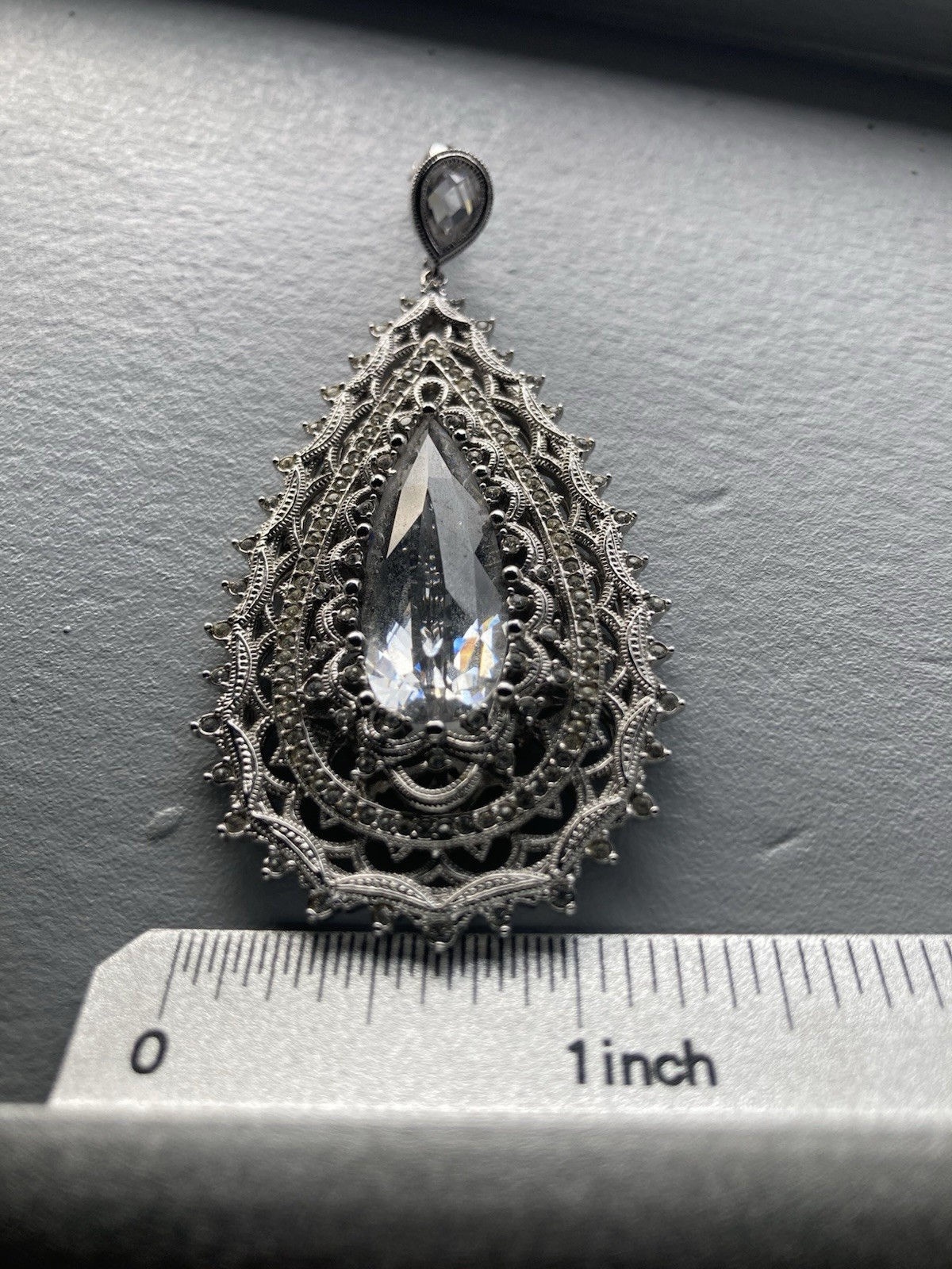 Big, Ornate Wedding Cocktail Party Teardrop Silver Pendant. Gem. Clip Bale.