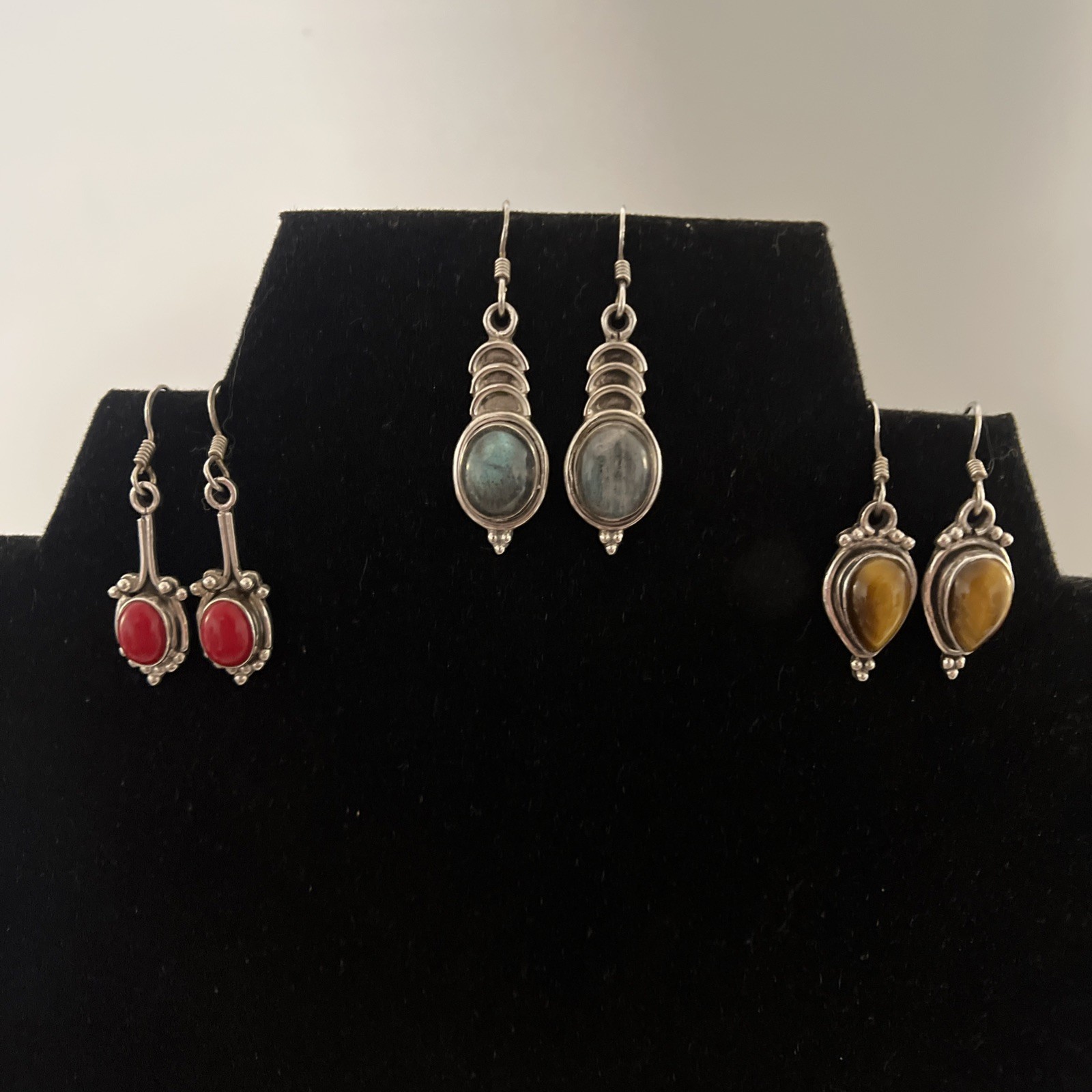 Lot of 3 Pairs Vintage 925 Sterling Silver Cabochon Dangle Earrings Boho