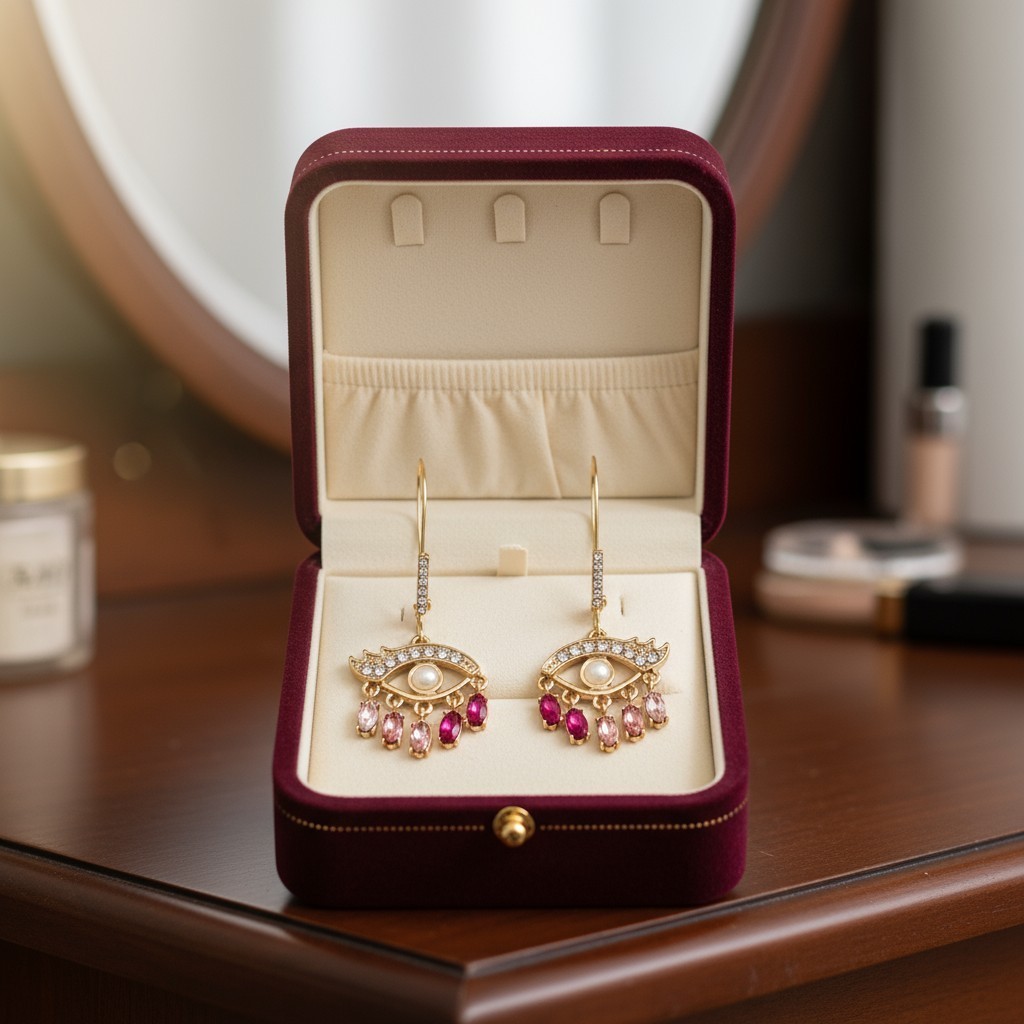 Betsey Johnson Evil Eye Dangle Earrings – Gold-Tone with Crystal Pave