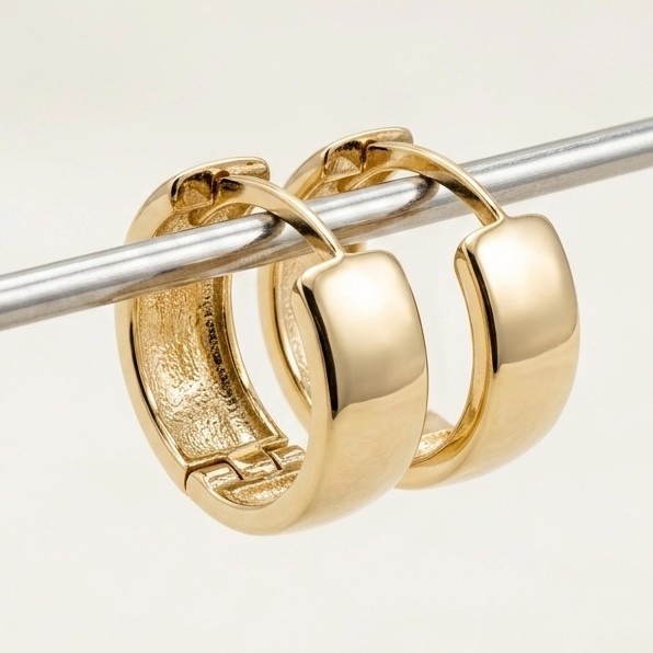 10K Yellow Gold Wide Huggie Hoop Earrings 13mm x 5mm High Polish Clicker