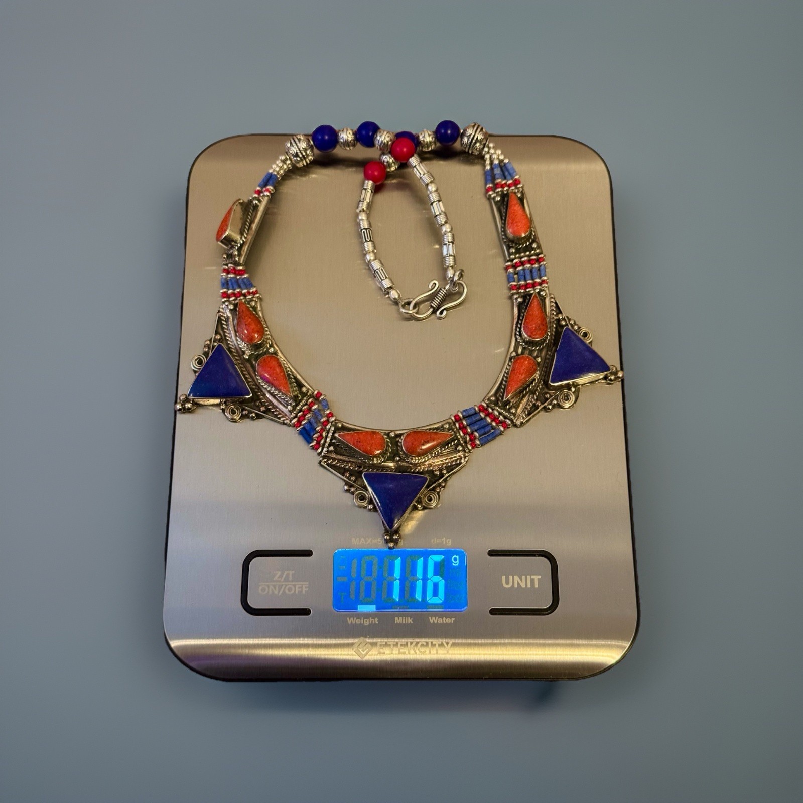 Vintage Ethnic Tribal Pyramid Design Handmade Silver Necklace Inlay Stones 116gr