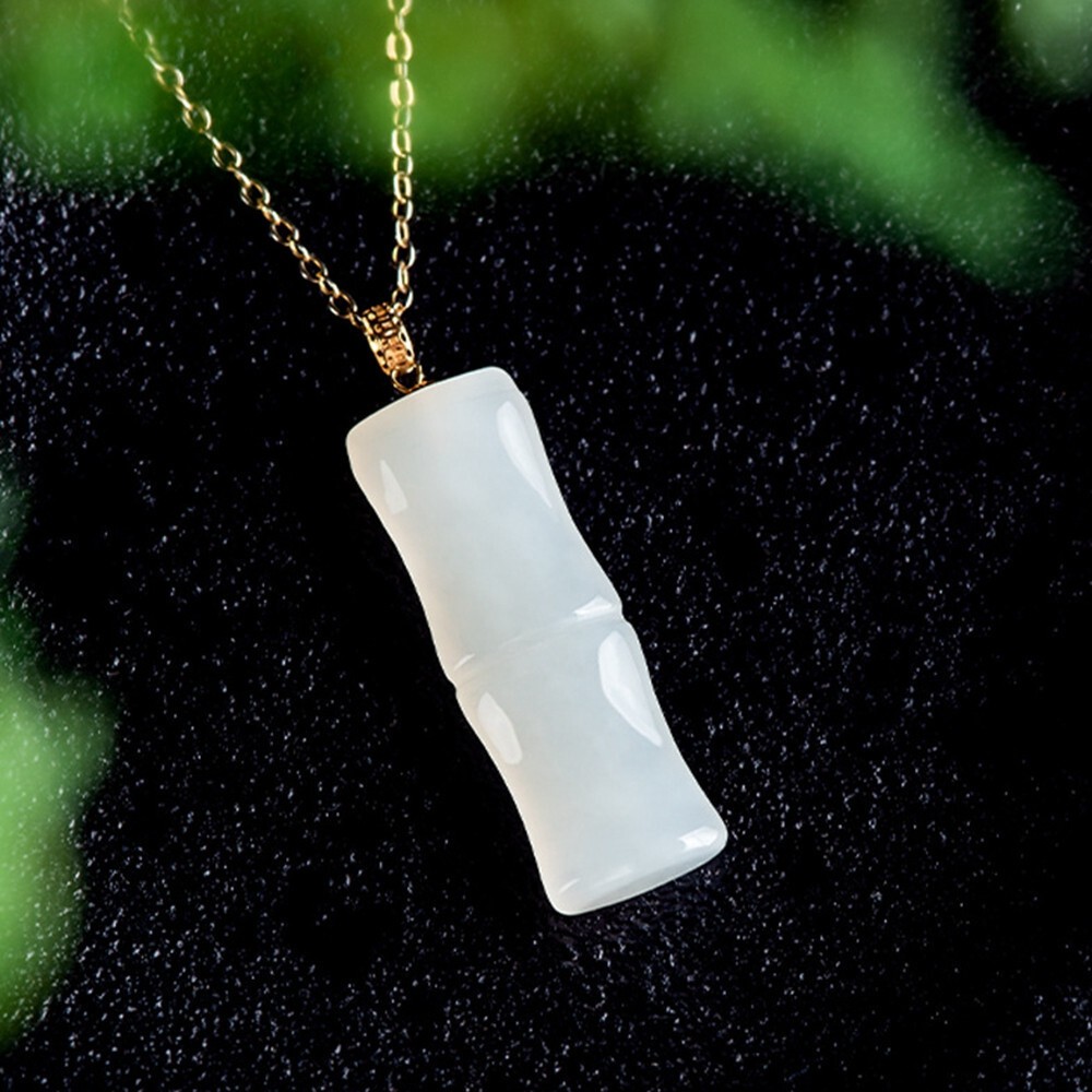 Certified White Natural AAA HeTian Jade 18K Solid Gold Bamboo Pendant Necklace