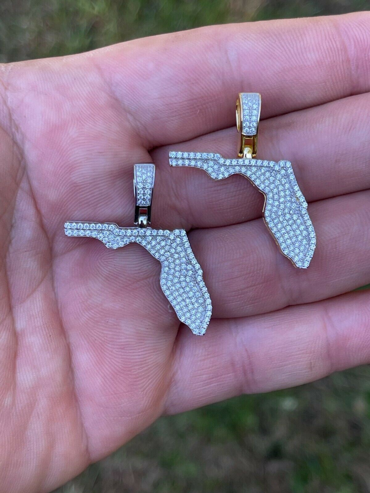 925 Silver 14k Gold Plating Hip Hop Florida State Shape Pendant Iced CZ Necklace