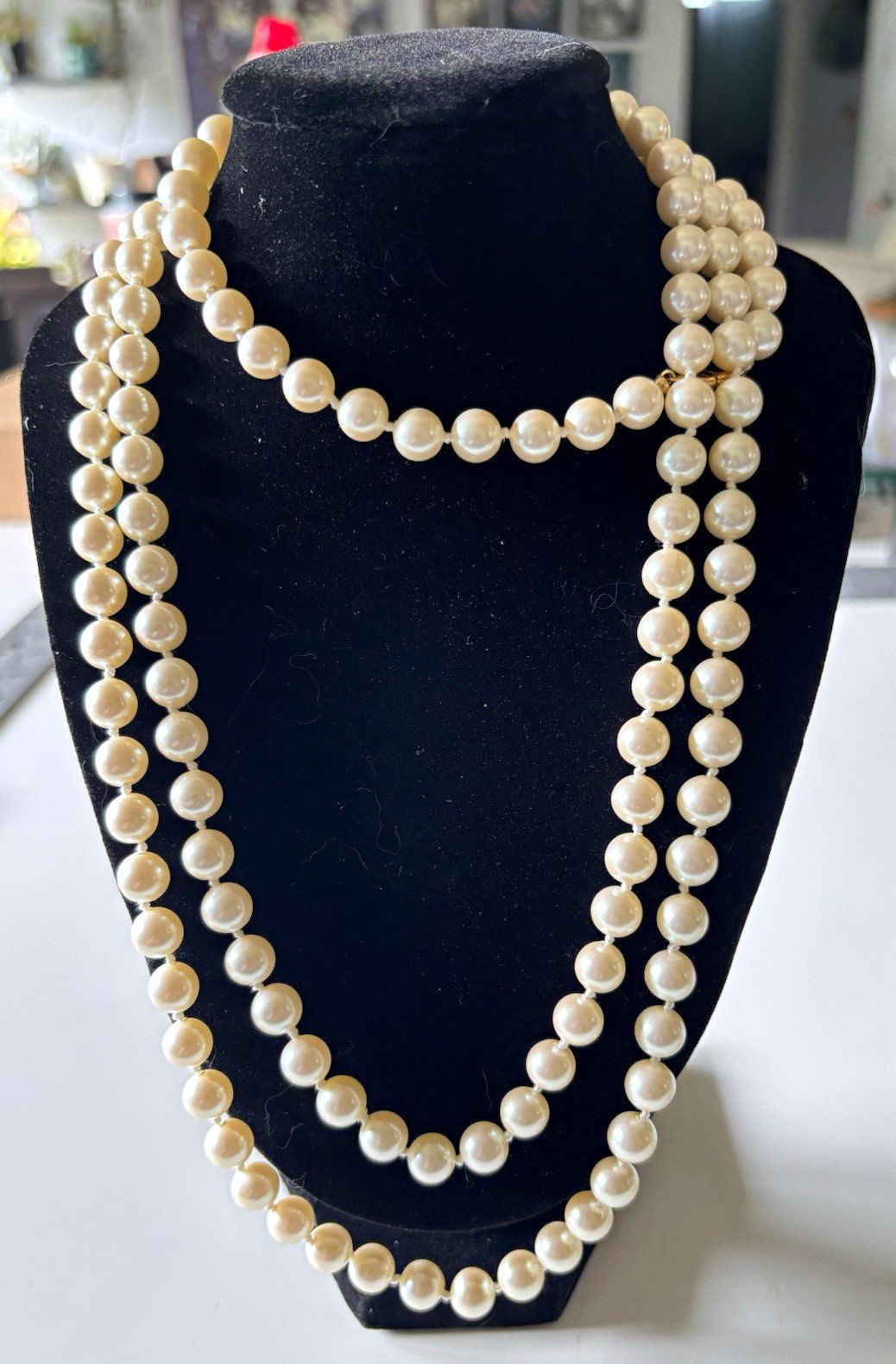 Vintage Monet 52” Faux Pearl Necklace Extra Long Cream Pearls Gold Tone Clasp