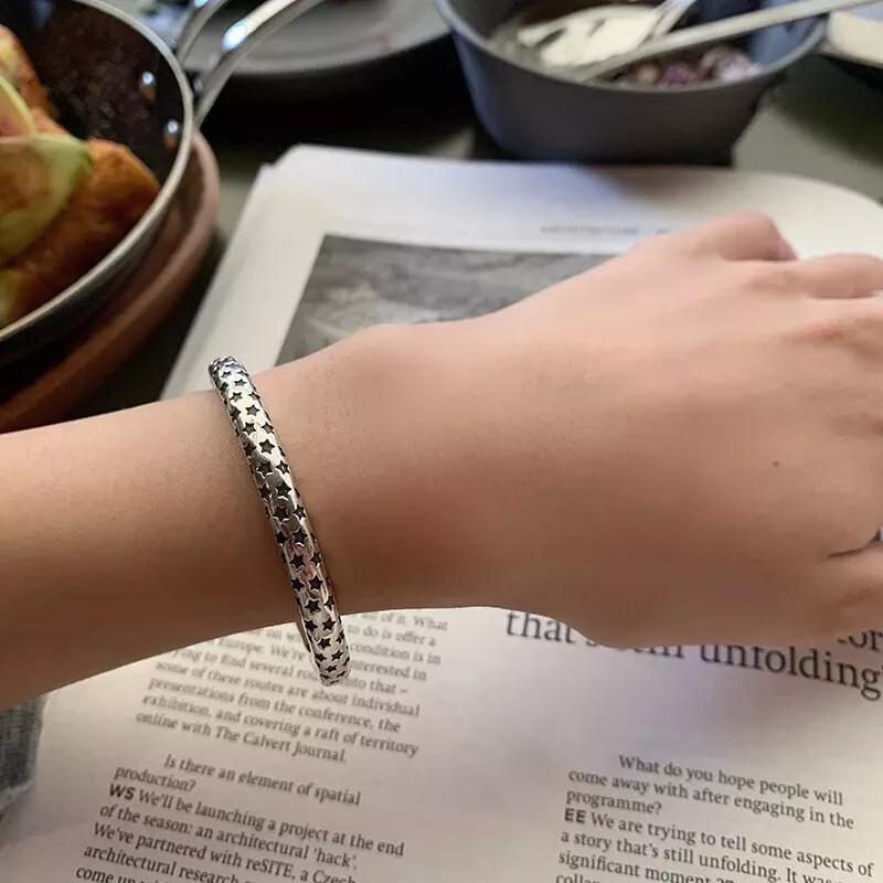 925 Sterling Silver Woman Handmade Vintage Elegant Cuff Bracelet Bangle Jewelry