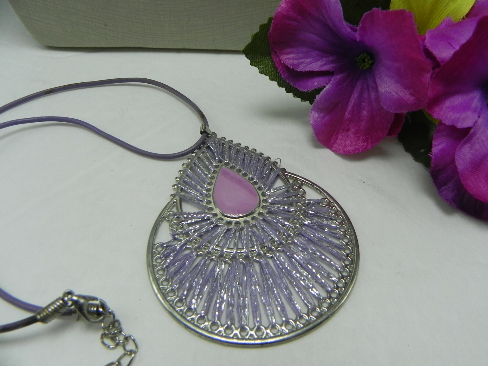 PURPLE Tear Drop Pendant 3 X 2 1/2″ NECKLACE LAVENDER String Leather 17″