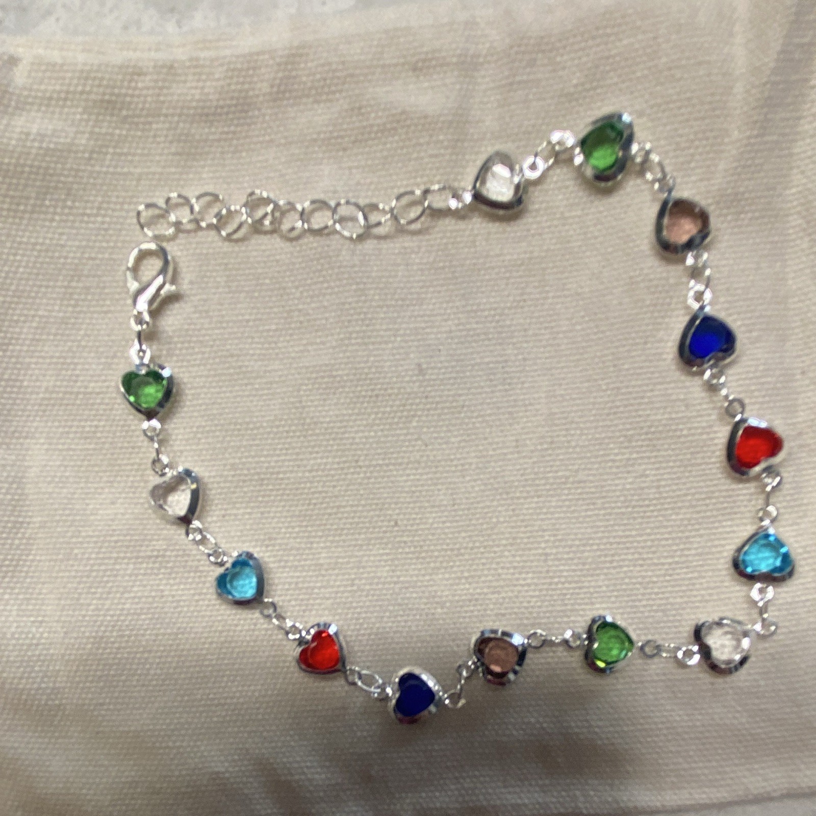 Silver Tone Heart Link Bracelet Multicolor Heart Stones Adjustable Lobster Clasp